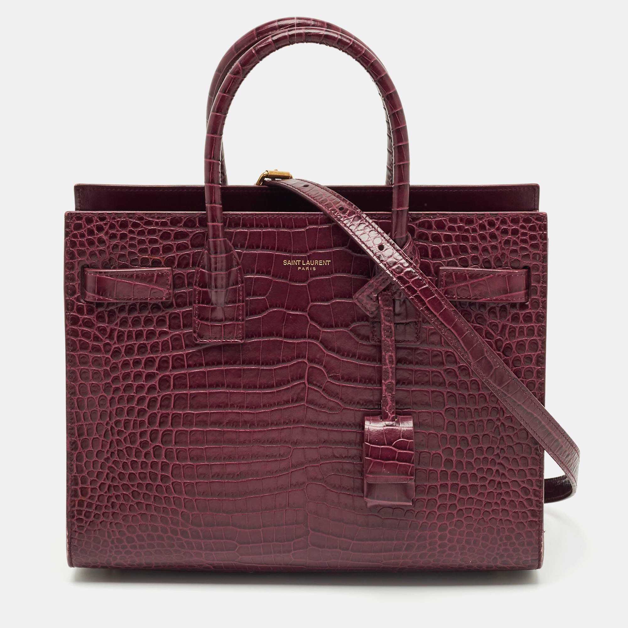Pre Owned Saint Laurent Burgundy Croc Embossed Leather Baby Sac de Jour Tote