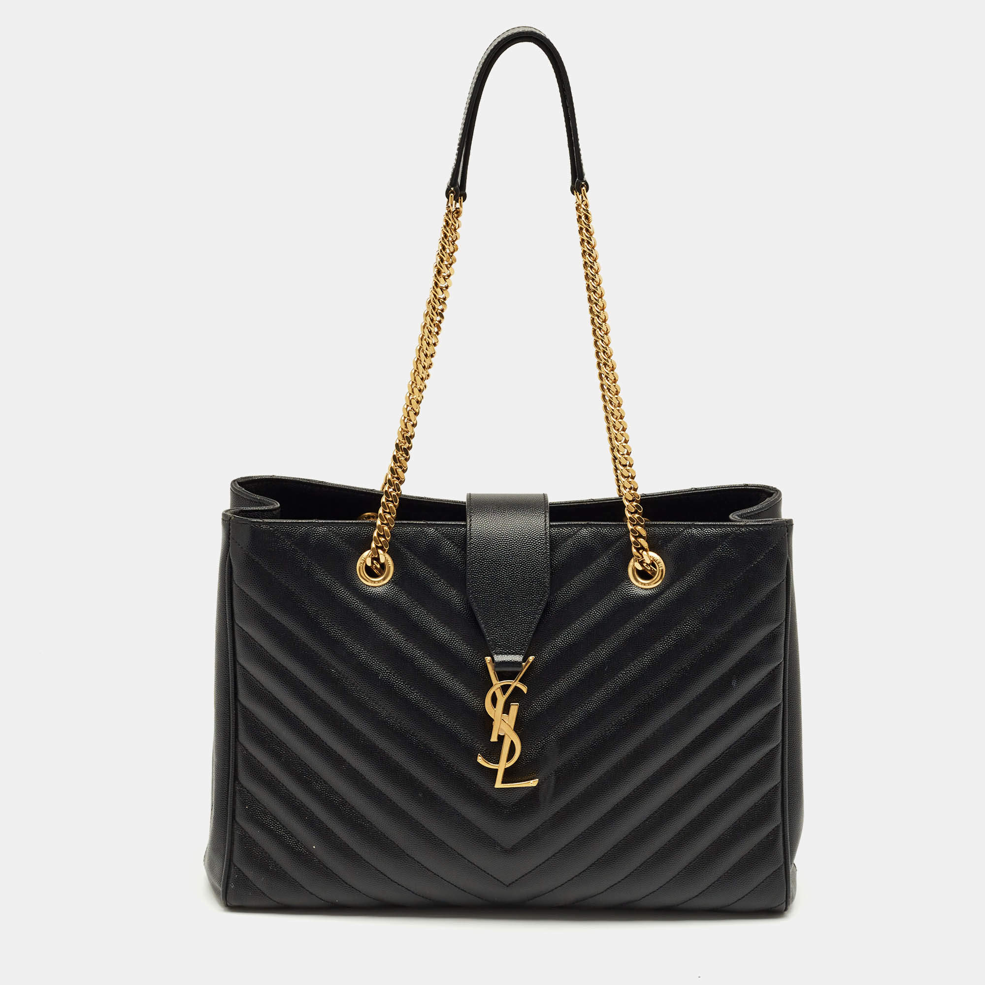 Pre Owned Saint Laurent Black Matelassé Leather Cassandre Shopper Tote