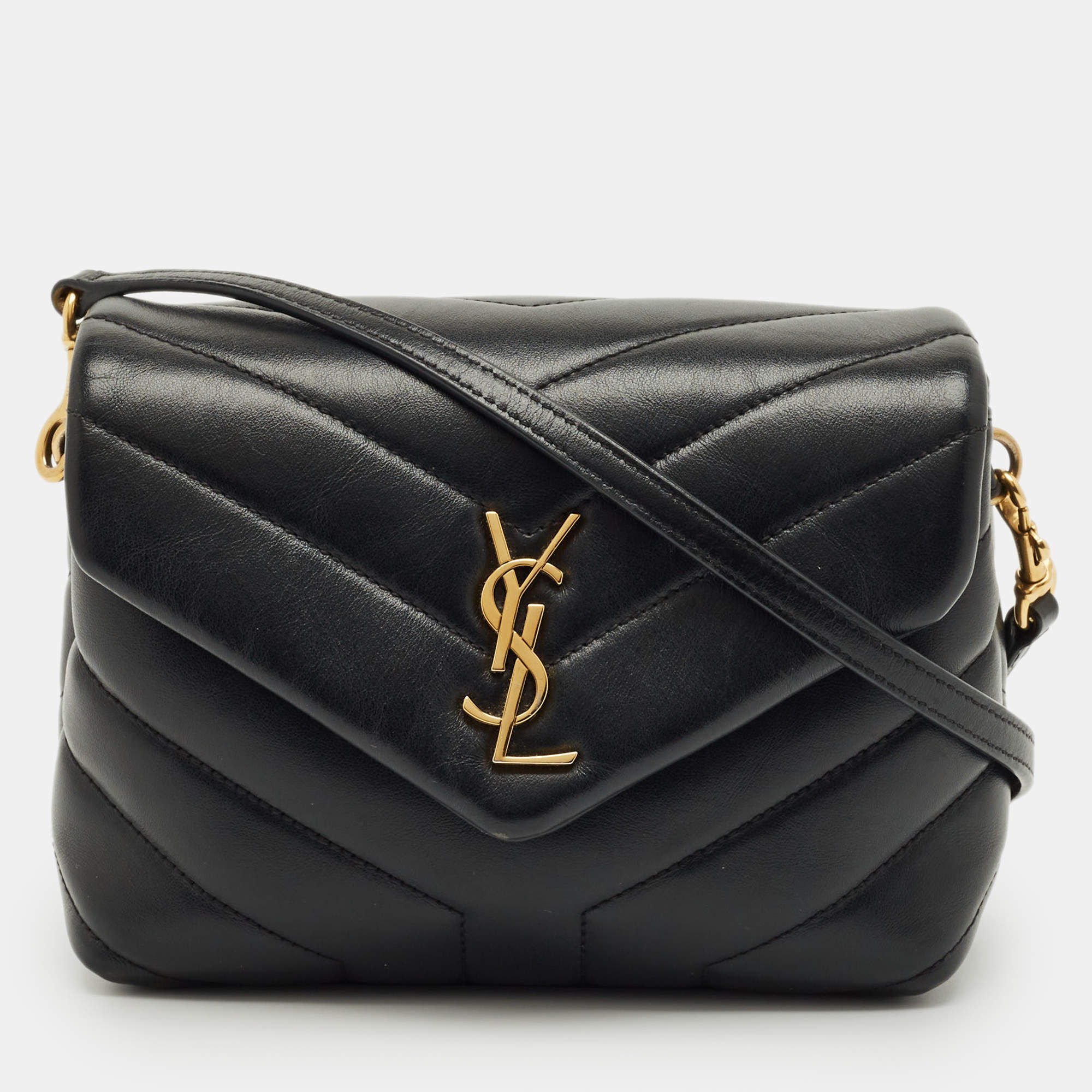 Pre Owned Saint Laurent Black Matelassé Leather Mini Loulou Shoulder Bag