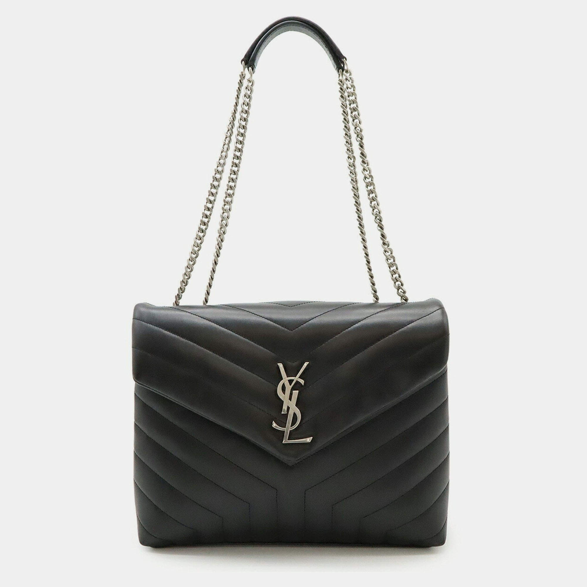 Pre Owned Yves Saint Laurent Lulu Medium Chain Shoulder Bag In Y-Quilted Leather Black