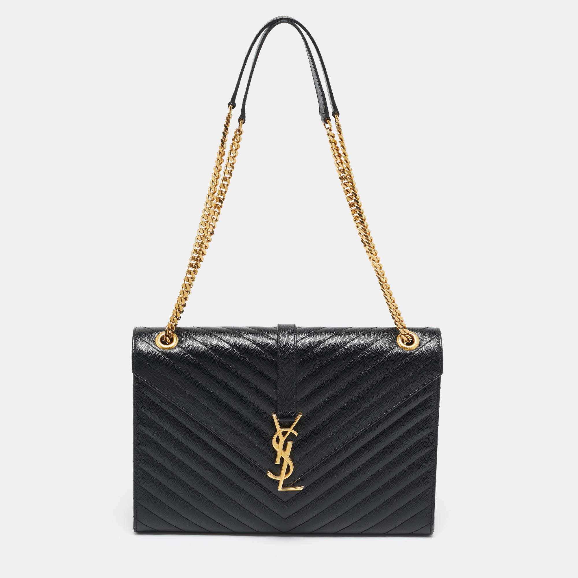 Pre Owned Saint Laurent Black Chevron Leather Large Monogram Envelope Shoulder Bag