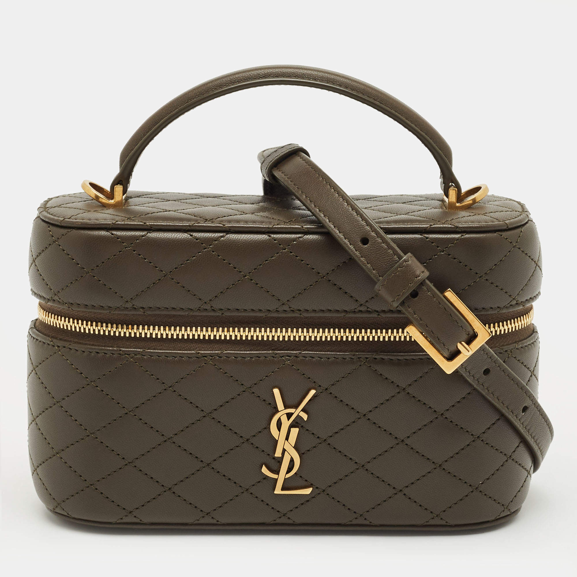 Pre Owned Saint Laurent Olive Green Quilted Leather Mini Gaby Vanity Bag