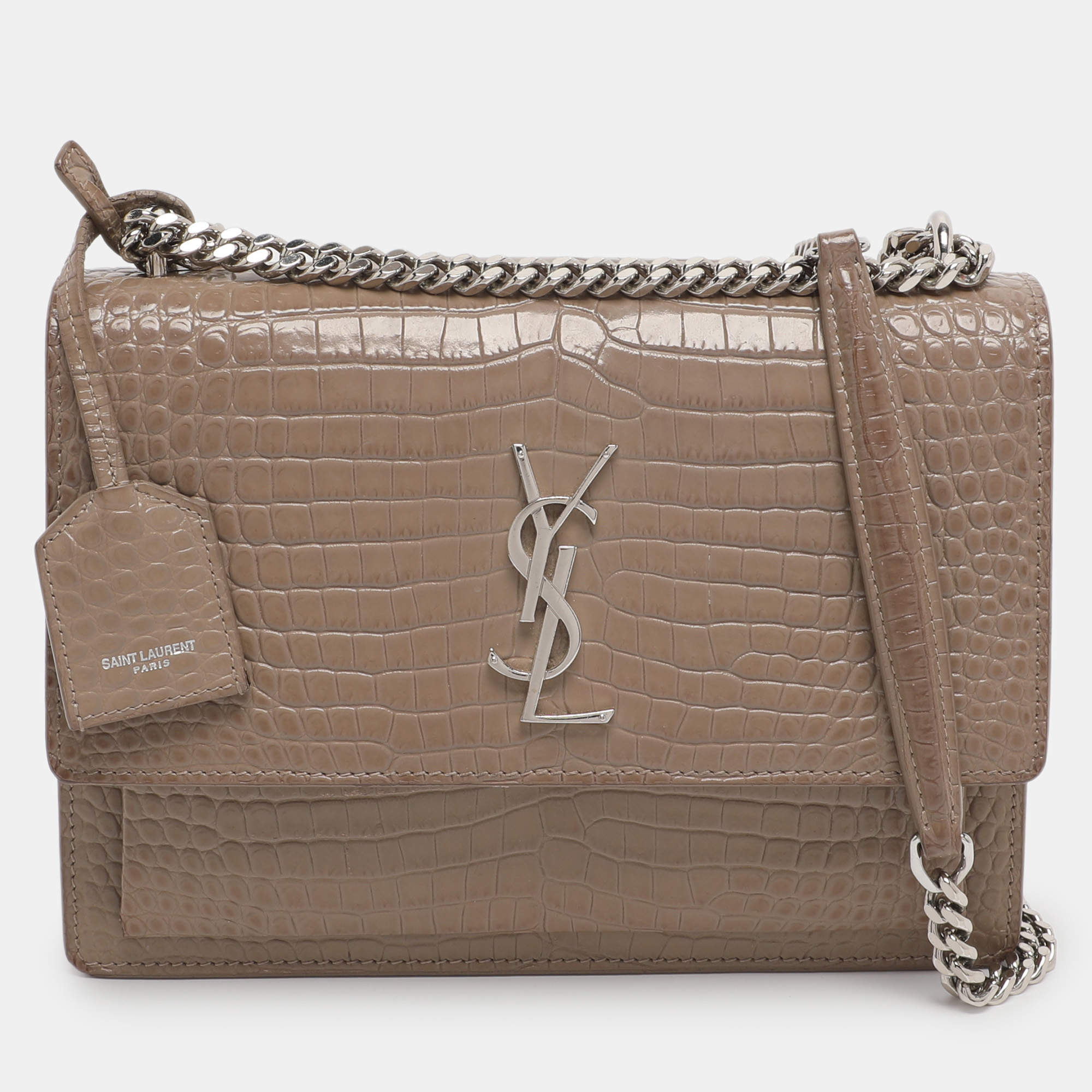 Pre Owned Saint Laurent Taupe Croc Embossed Leather Medium Sunset Shoulder Bag