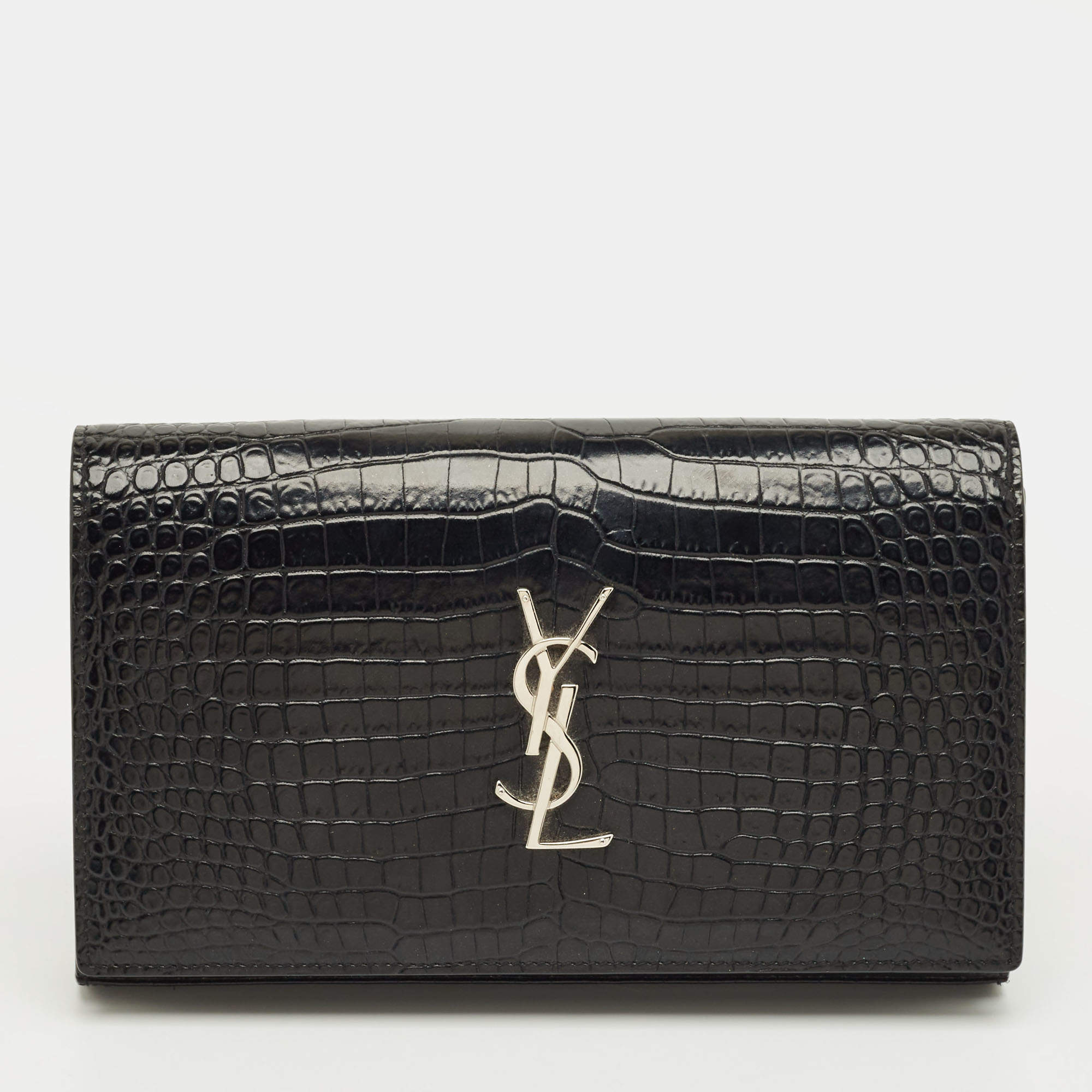 Pre Owned Saint Laurent Black Croc Embossed Leather Kate Clutch