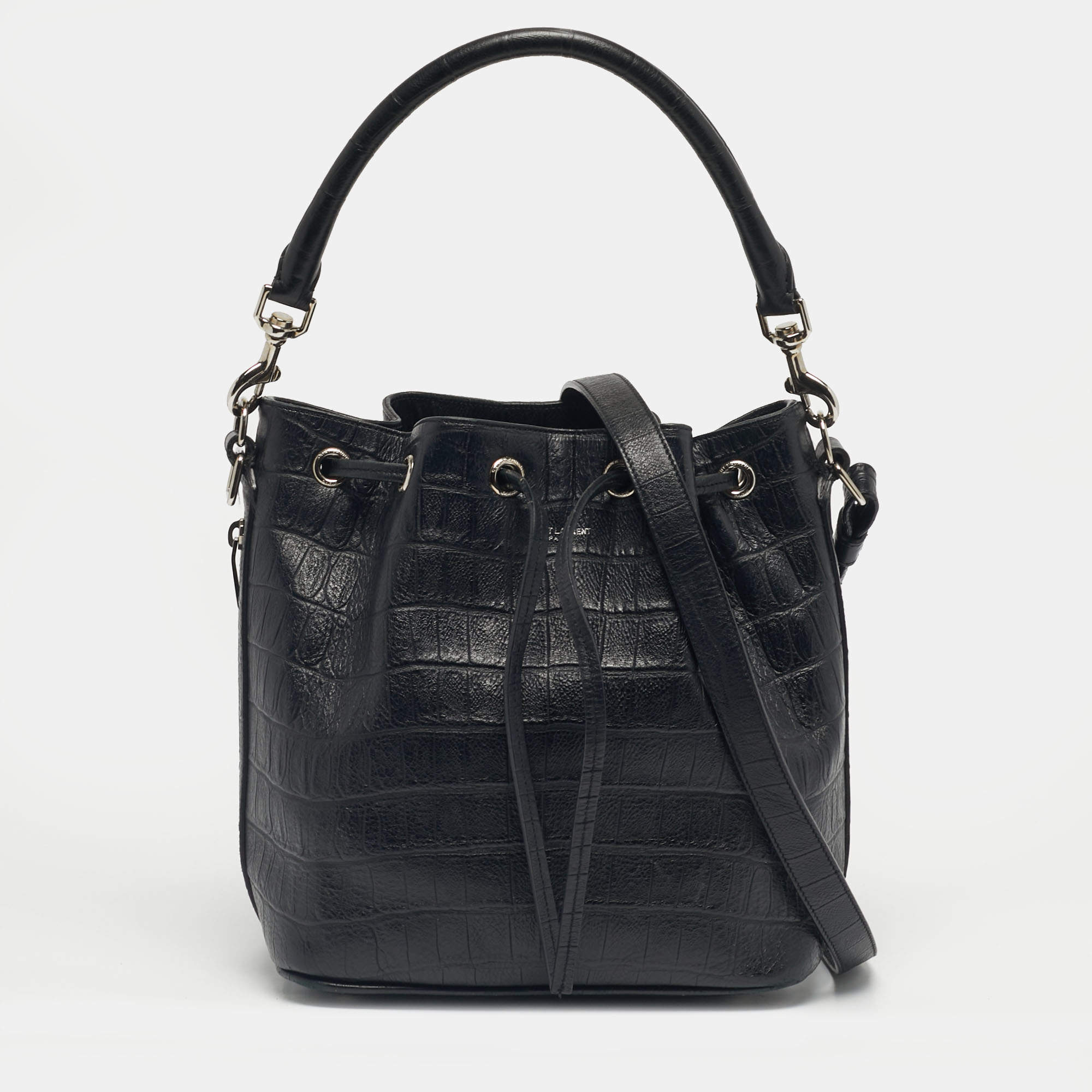 Pre Owned Saint Laurent Black Croc Embossed Leather Emmanuelle Bucket Bag