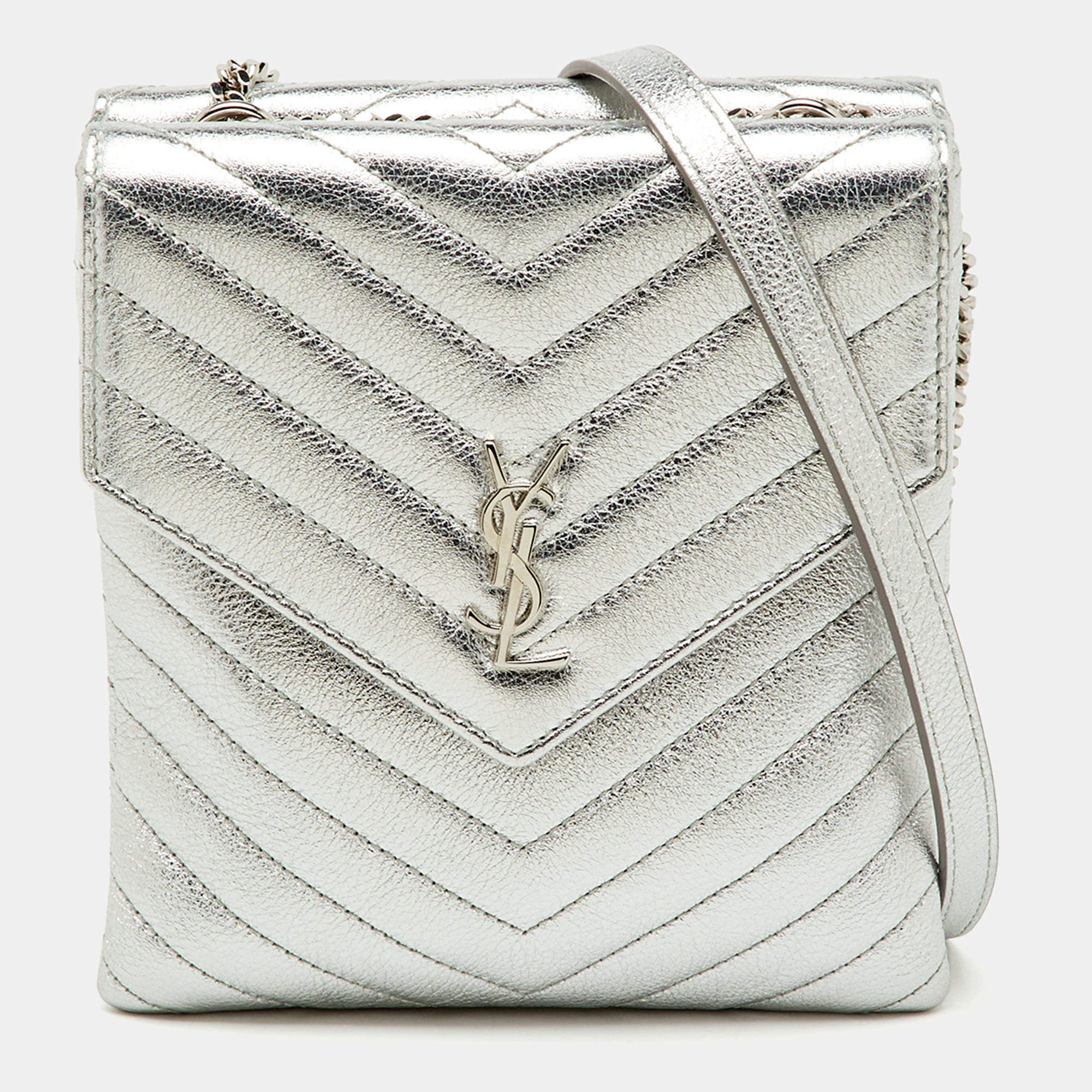 Pre Owned Saint Laurent Silver Leather Matelasse Double Flap Crossbody Bag