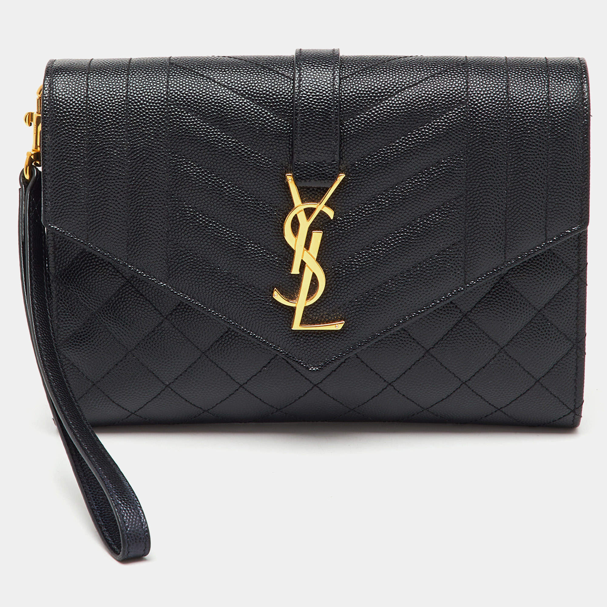Pre Owned Saint Laurent Black Leather Monogram Envelope Pouch Clutch