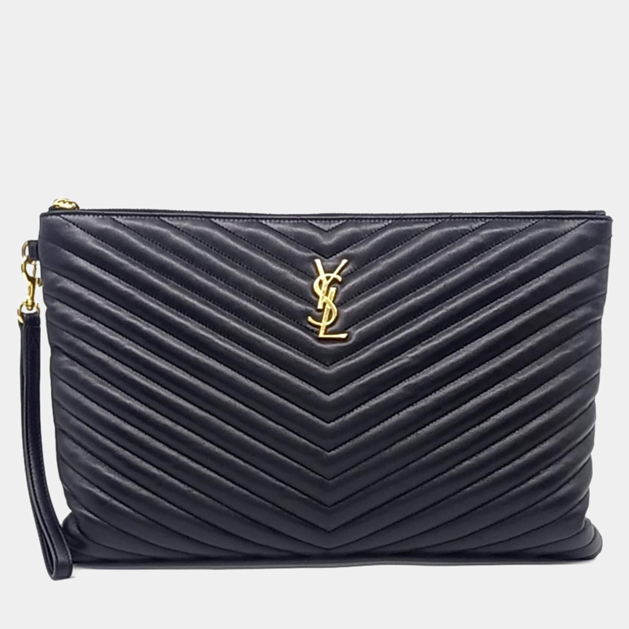 Pre Owned Saint Laurent Paris Black Leather Monogram Clutch