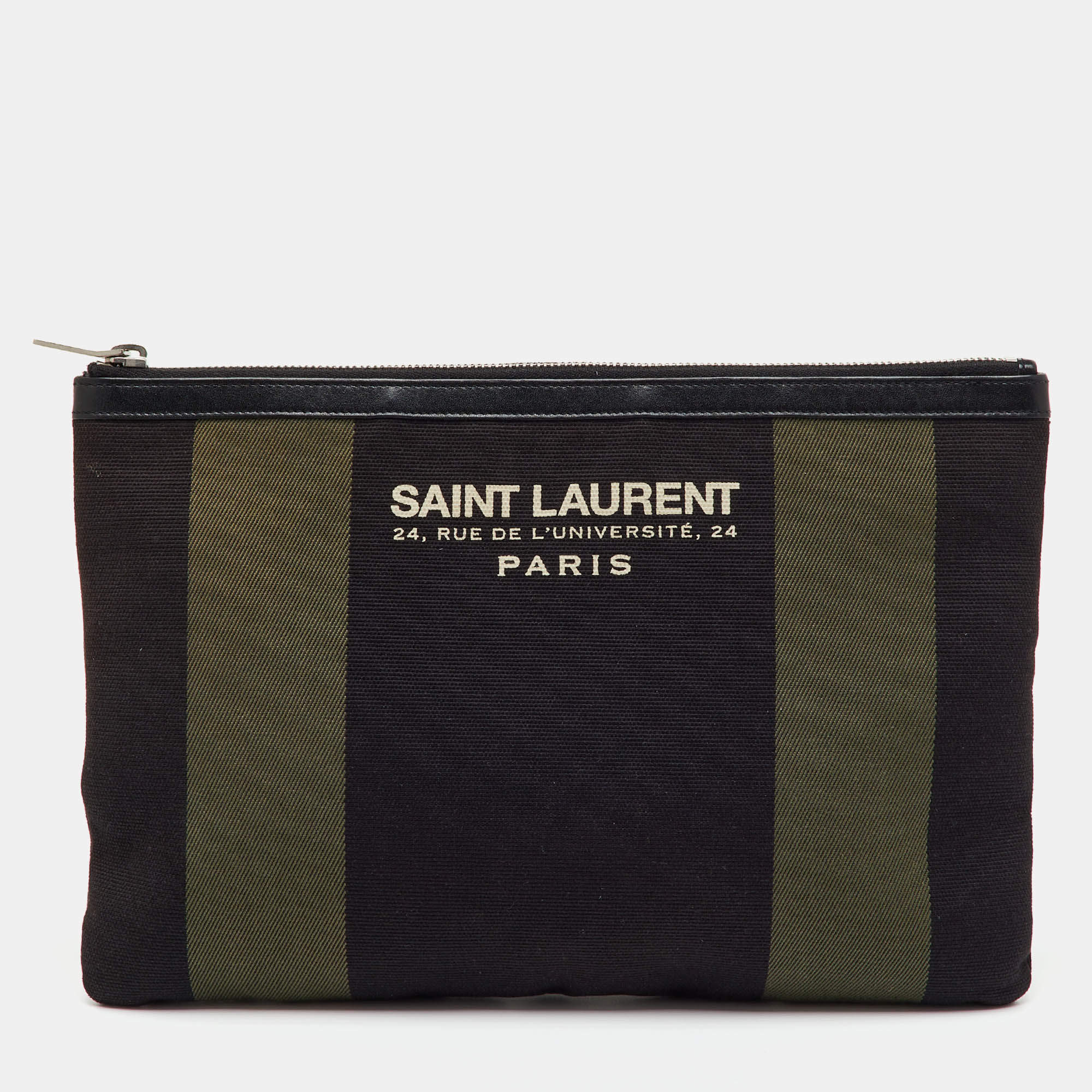 مملوكة مسبقًا Saint Laurent Black/Khaki Stripe Canvas and Leather Zip Pouch