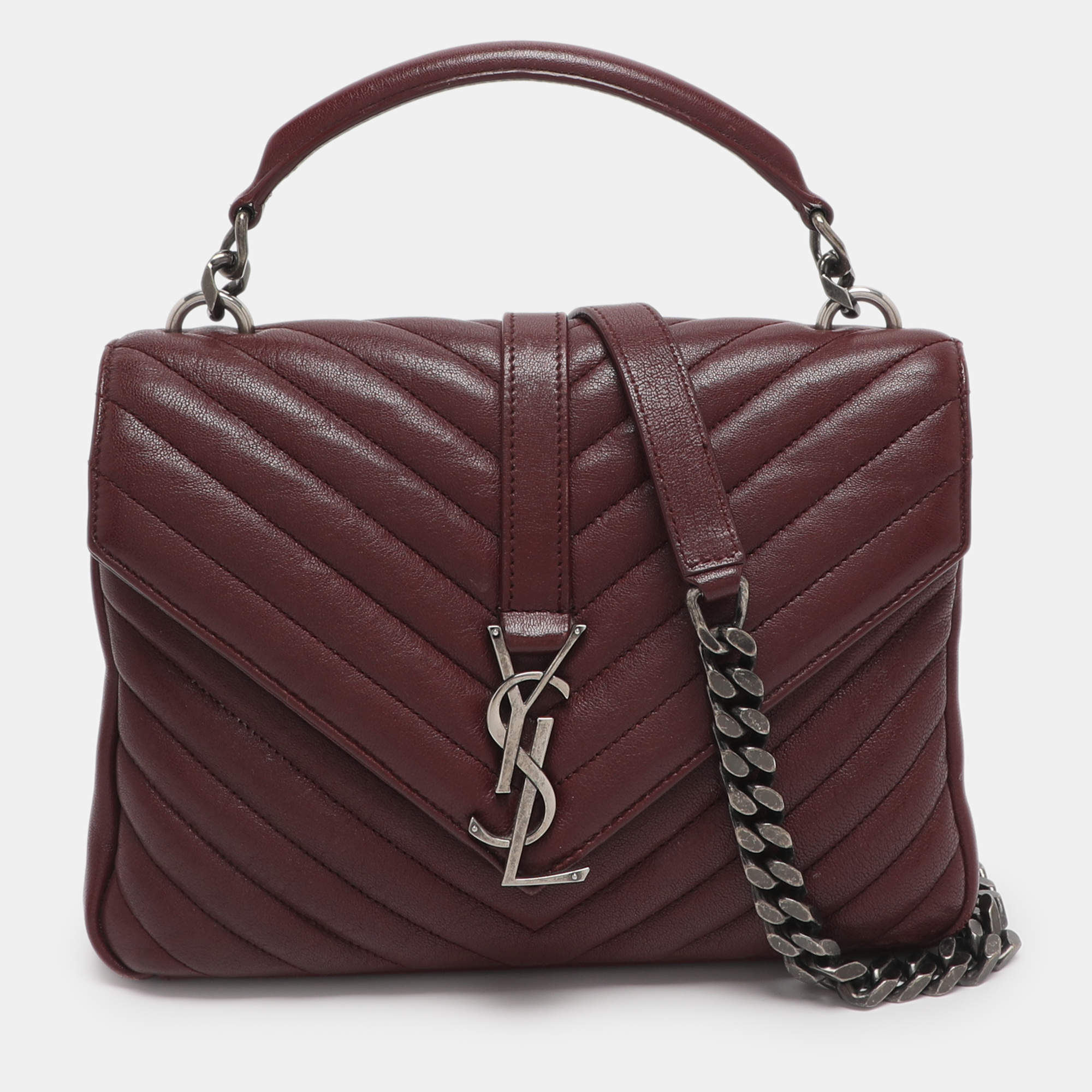 Pre Owned Saint Laurent Burgundy Matelassé Leather Medium College Top Handle Bag