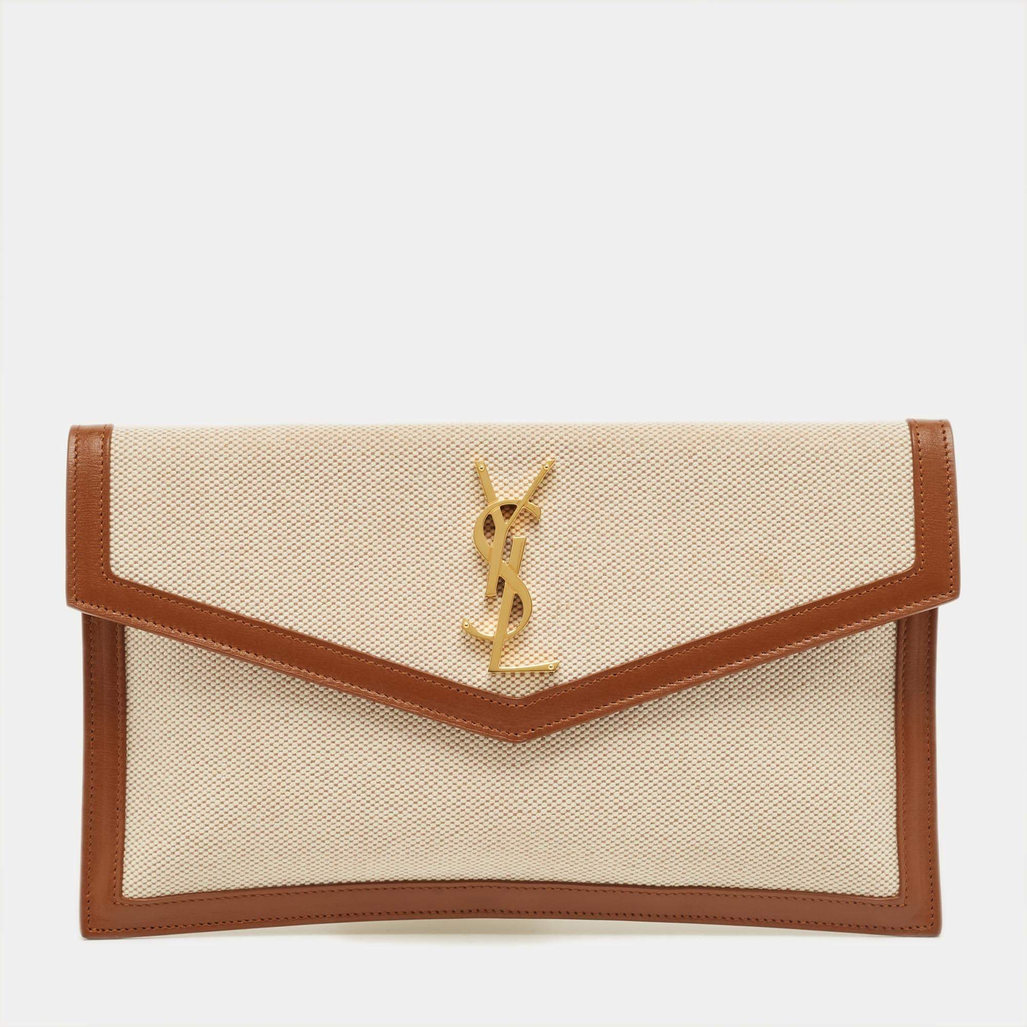 Pre Owned Saint Laurent Brown/Beige Canvas ad Leather Uptown Pouch