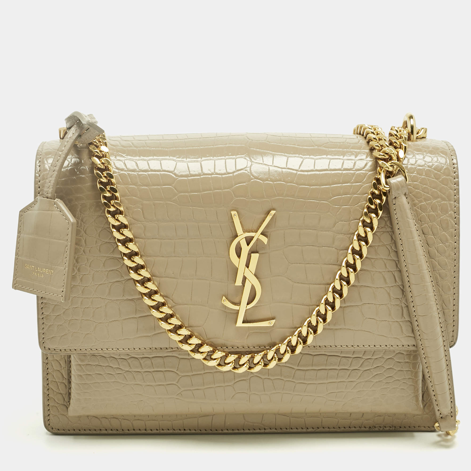 Pre Owned Saint Laurent Beige Croc Embossed Leather Medium Sunset Shoulder Bag