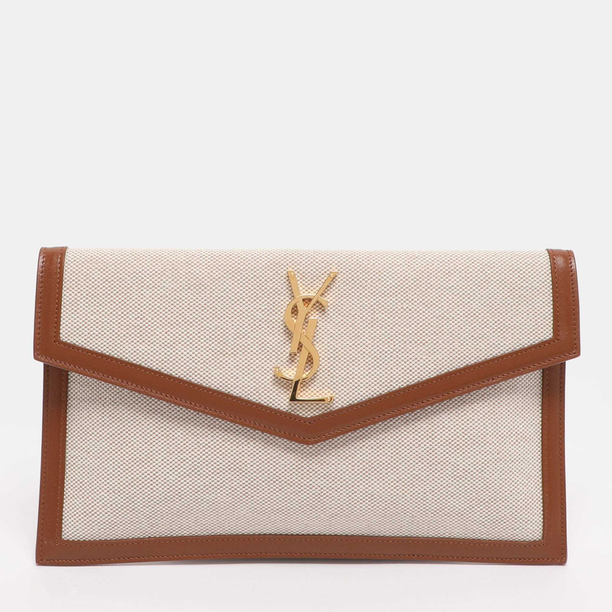 Pre Owned Saint Laurent Beige/Tan Canvas and Leather Uptown Pouch