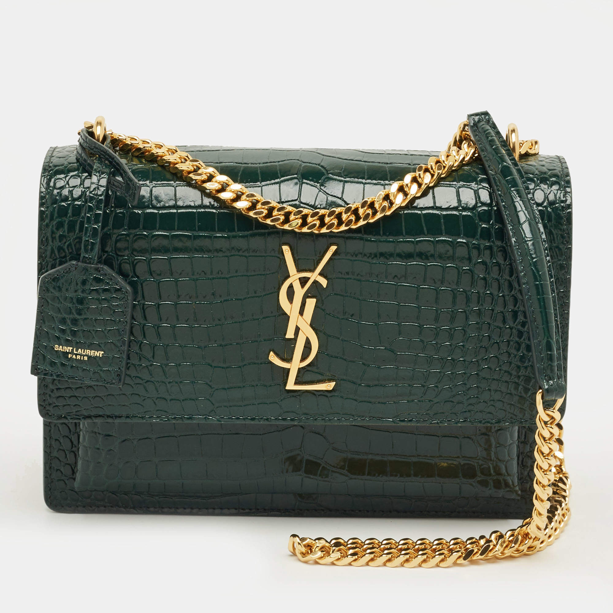 Pre Owned Saint Laurent Green Croc Embossed Leather Medium Sunset Shoulder Bag