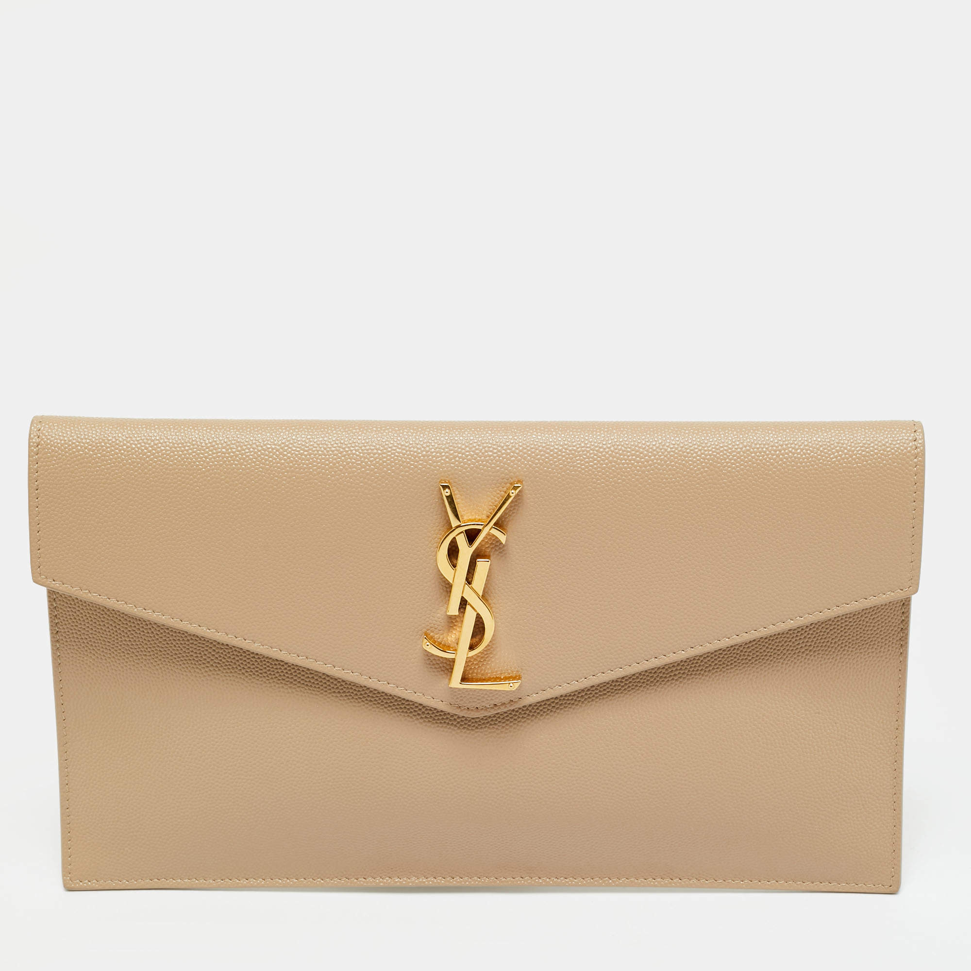 Pre Owned Saint Laurent Beige Leather Uptown Clutch