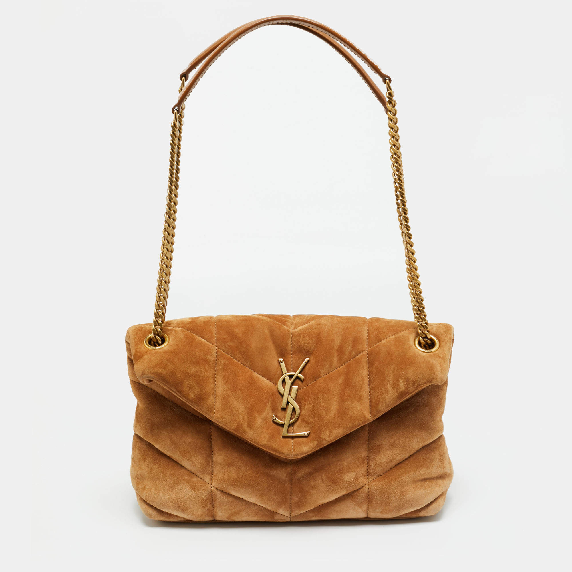 Pre Owned Saint Laurent Brown Quilted Suede Small Loulou Puffer Shoulder Bag