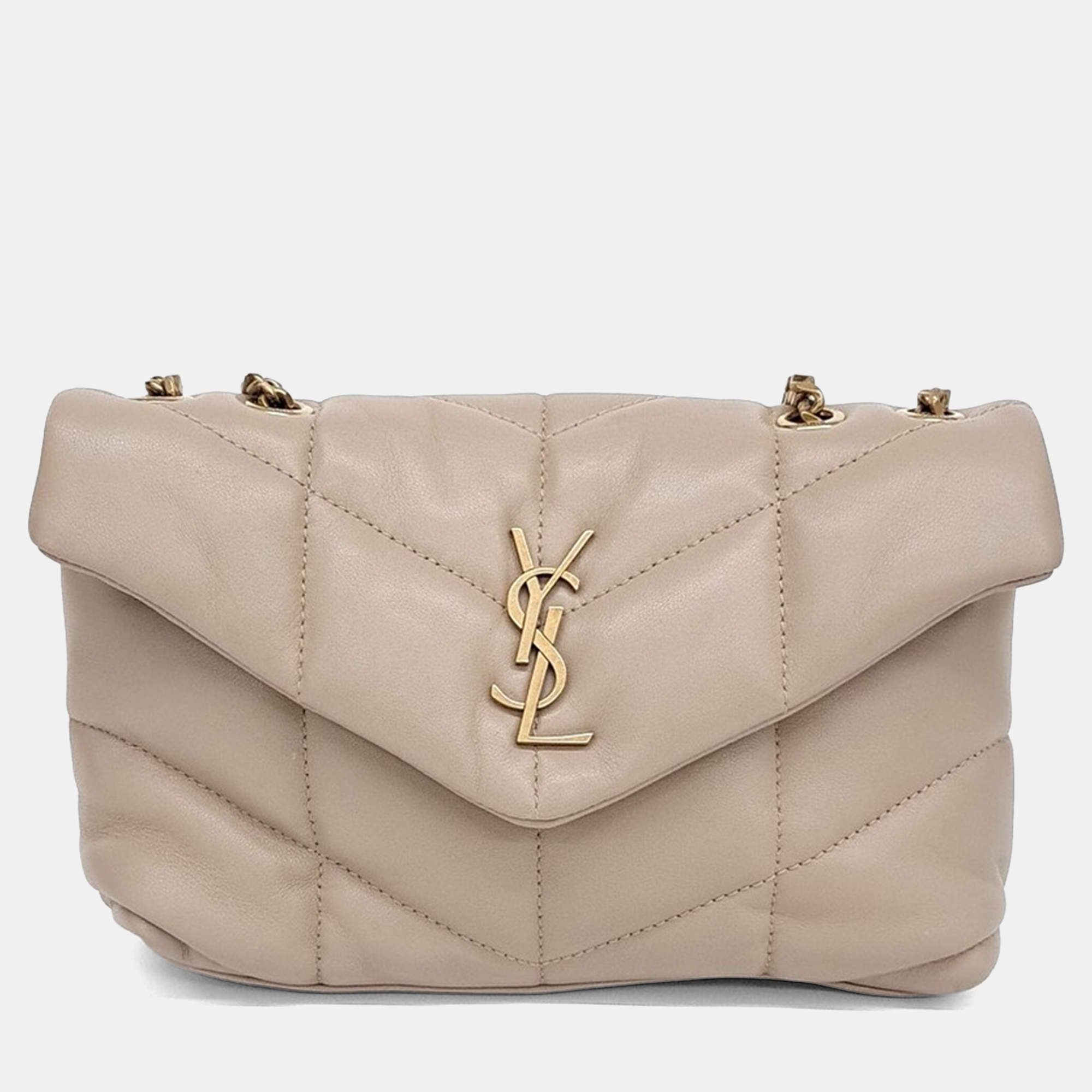 Pre Owned Saint Laurent Paris Beige Leather Lulu Puffer Crossbody Bag