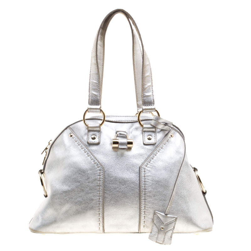 Pre Owned Yves Saint Laurent Silver Leather Medium Muse Satchel