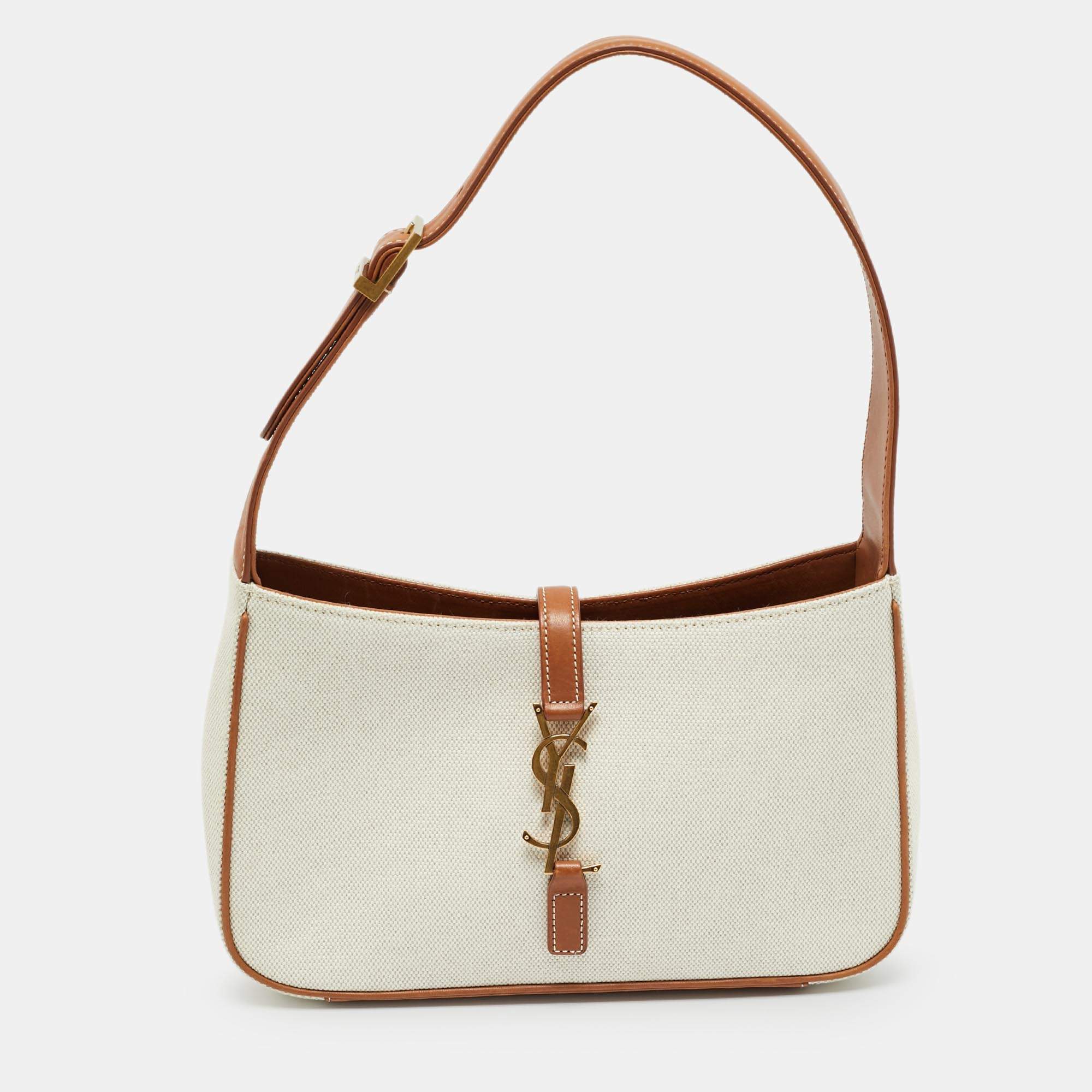 Pre Owned Saint Laurent LE 5 À 7 Tan/Natural Canvas and Leather Shoulder Bag