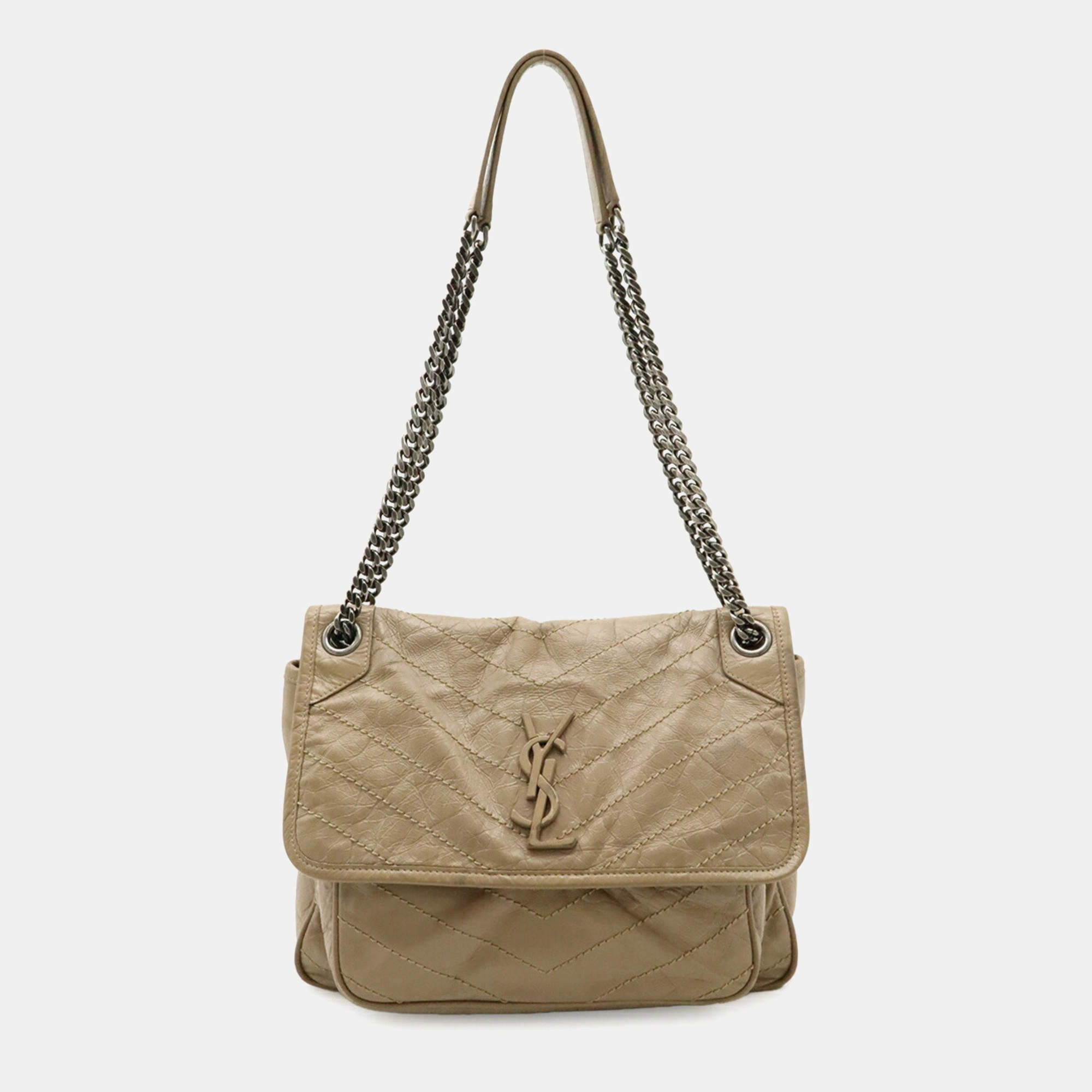 Pre Owned Saint Laurent Paris Ysl Niki Medium Chain Shoulder Bag With V-Stitching In Beige Leather