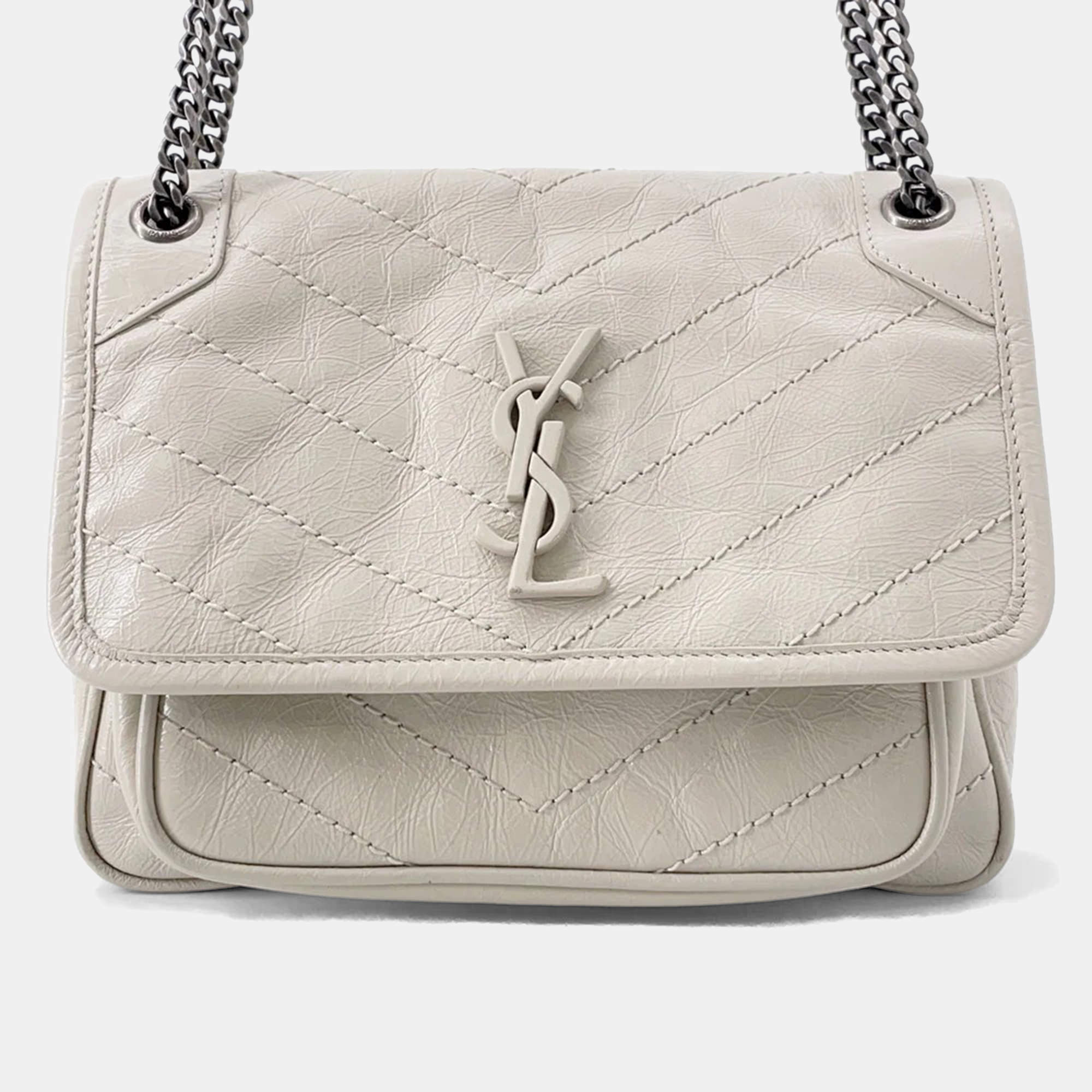 Pre Owned Saint Laurent Paris Niki Baby Chainshoulder Bag White Vintage Leather Size Baby