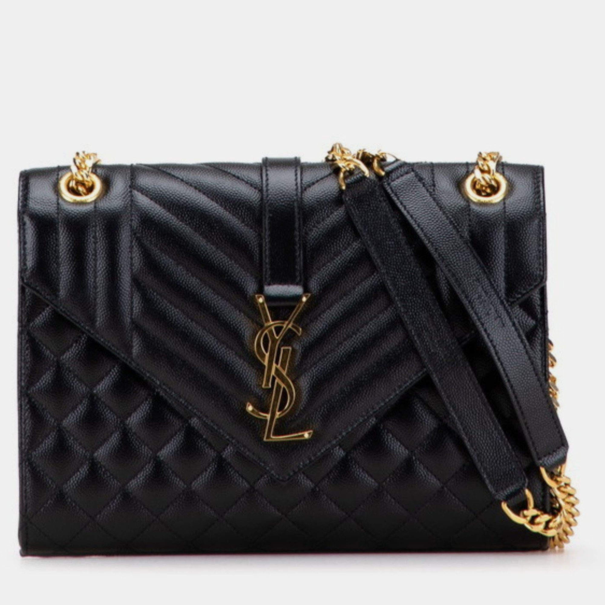 Pre Owned Saint Laurent Envelope Chain Shoulder Bag Handbag Black Gold Leather