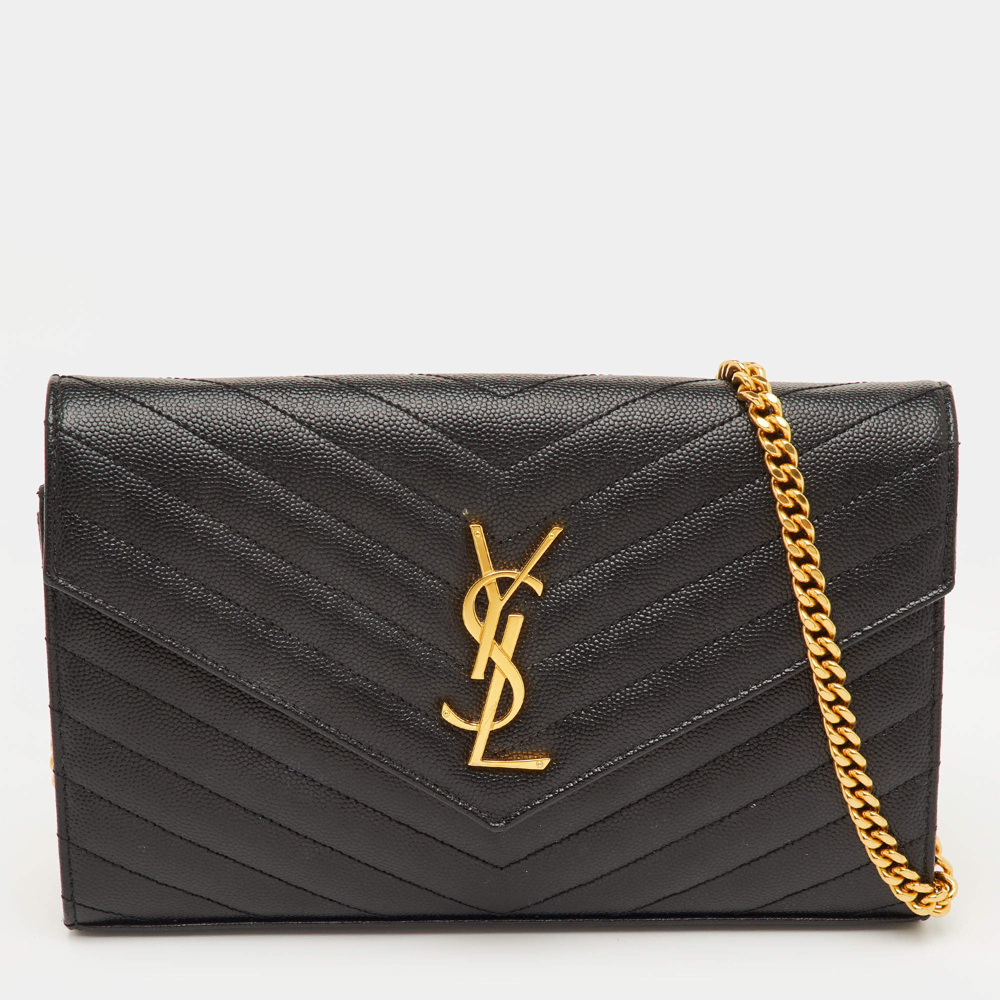 Pre Owned Saint Laurent Monogram Envelope Black Matelasse Leather Wallet On Chain