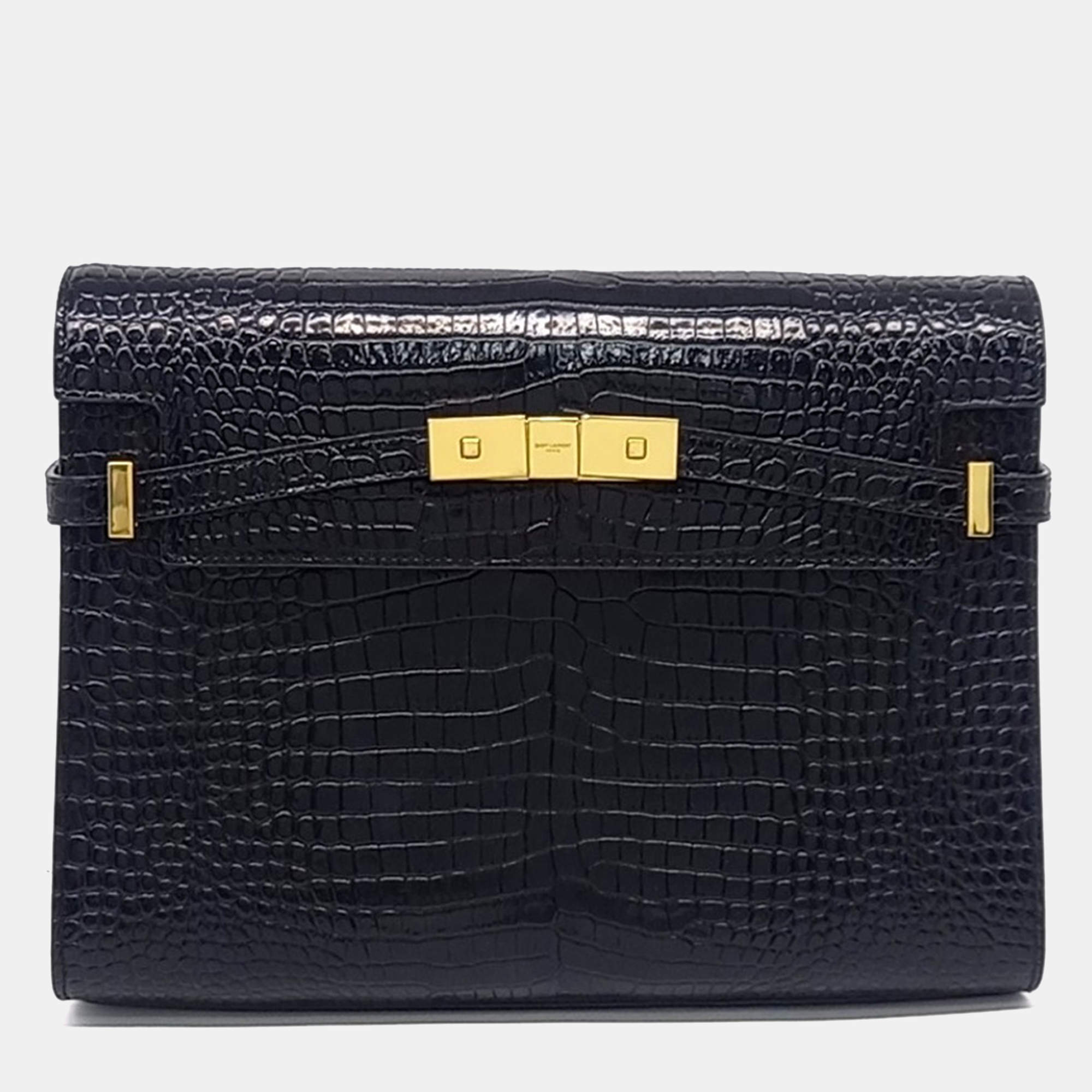 Pre Owned حقيبة سان لوران باريس مانهاتن كتف جلد أسود منقوش بكروقودايل