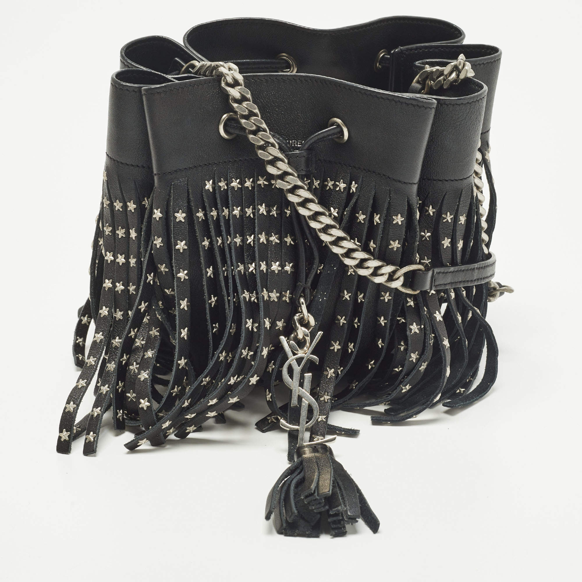 Pre Owned Saint Laurent Emmanuelle Studded Fringe Black Leather Bucket Bag