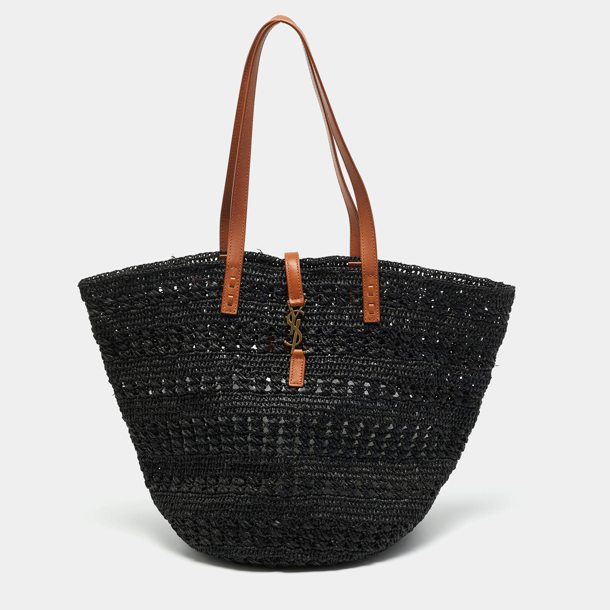 مملوكة مسبقًا Saint Laurent Panier Black Crochet Raffia Tote