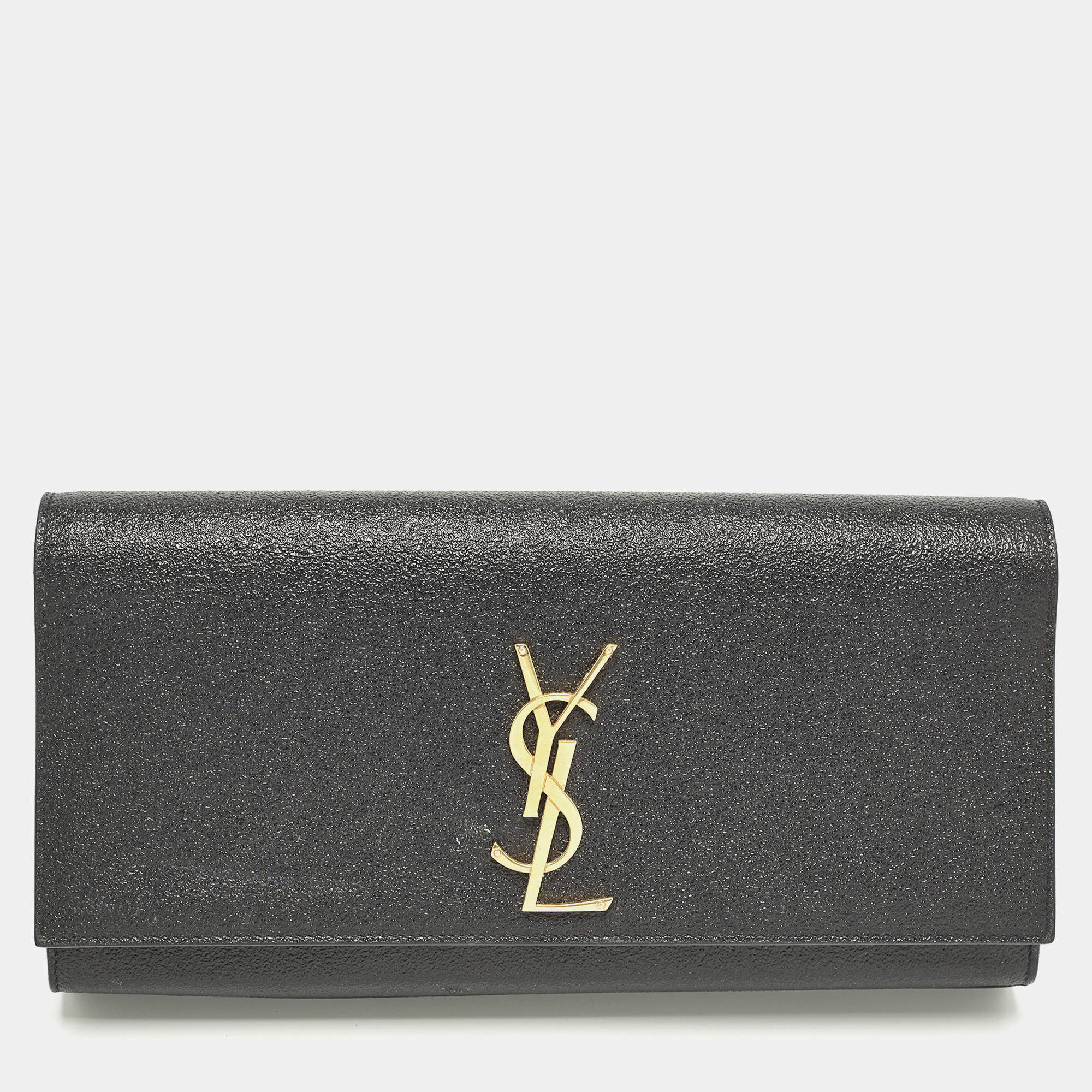 مملوكة مسبقًا Saint Laurent Monogram Dark Grey Shimmer Leather Clutch