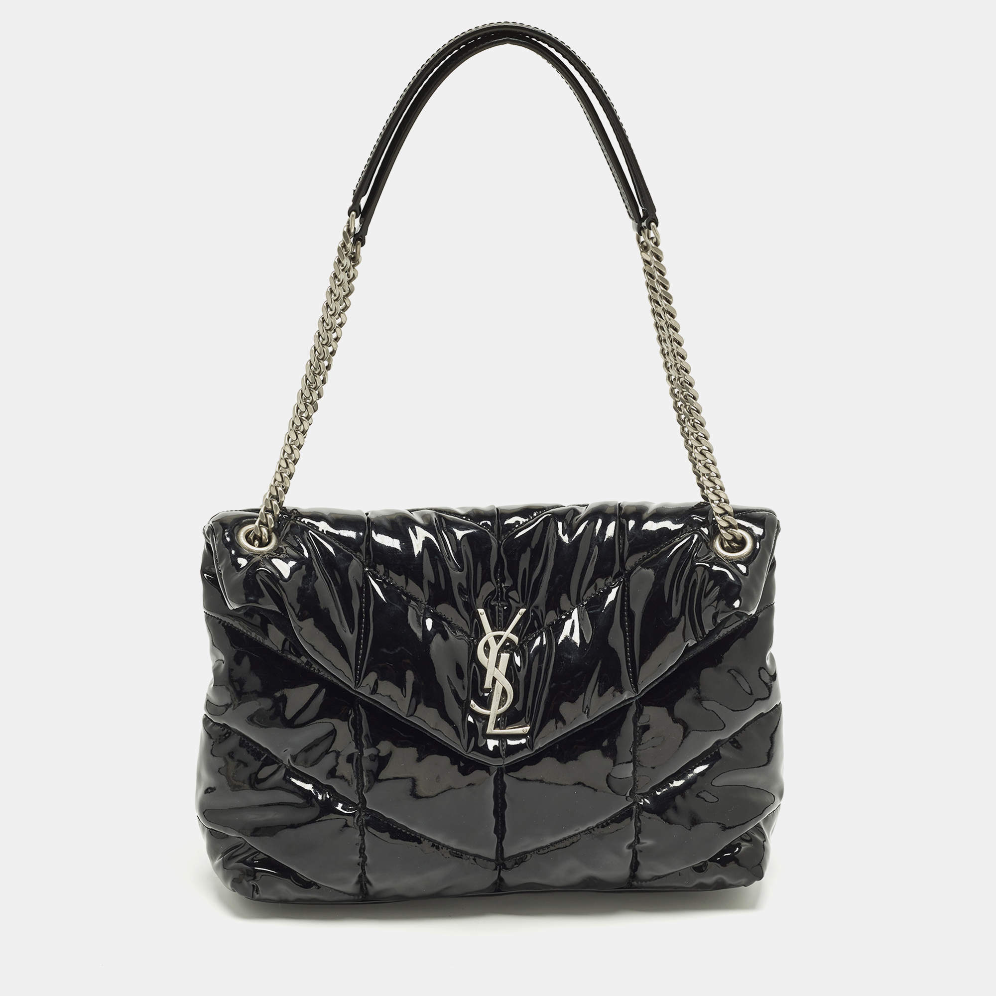 مملوكة مسبقًا Saint Laurent Loulou Medium Black Puffer Patent Leather Shoulder Bag