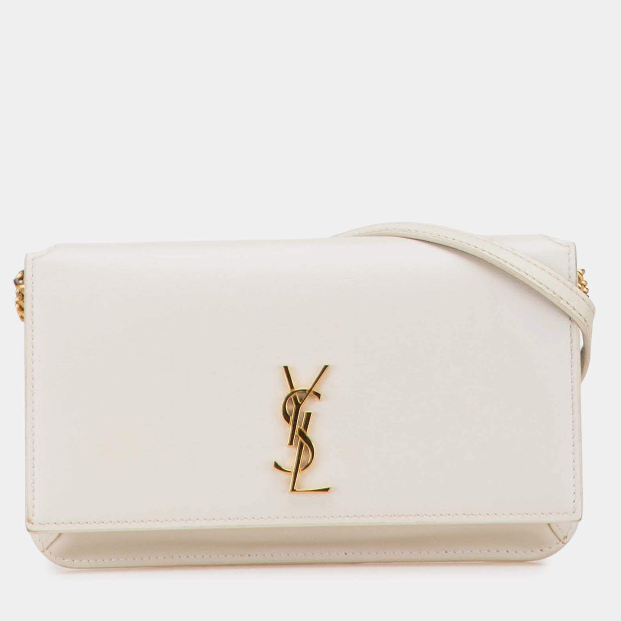 Pre Owned حامل هاتف كاساندرا جلد ناعم أبيض سان لوران باريس