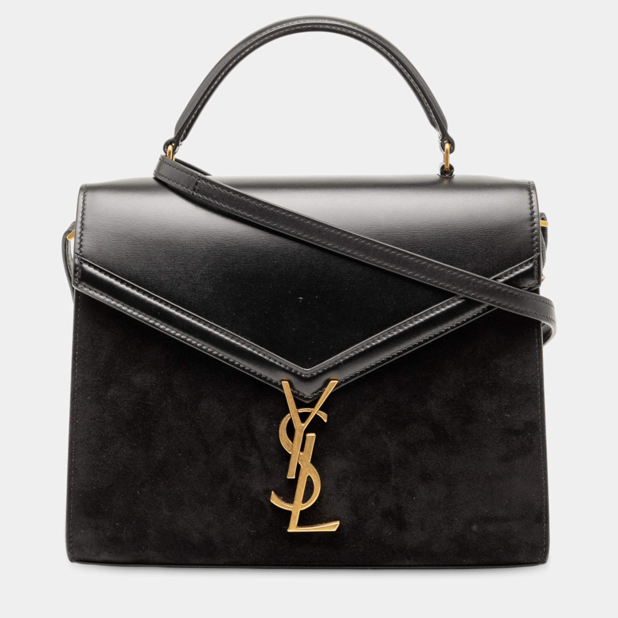 مملوكة مسبقًا Saint Laurent Paris Black Medium Calfskin and Suede Classic Monogram Cassandra Top Handle Bag