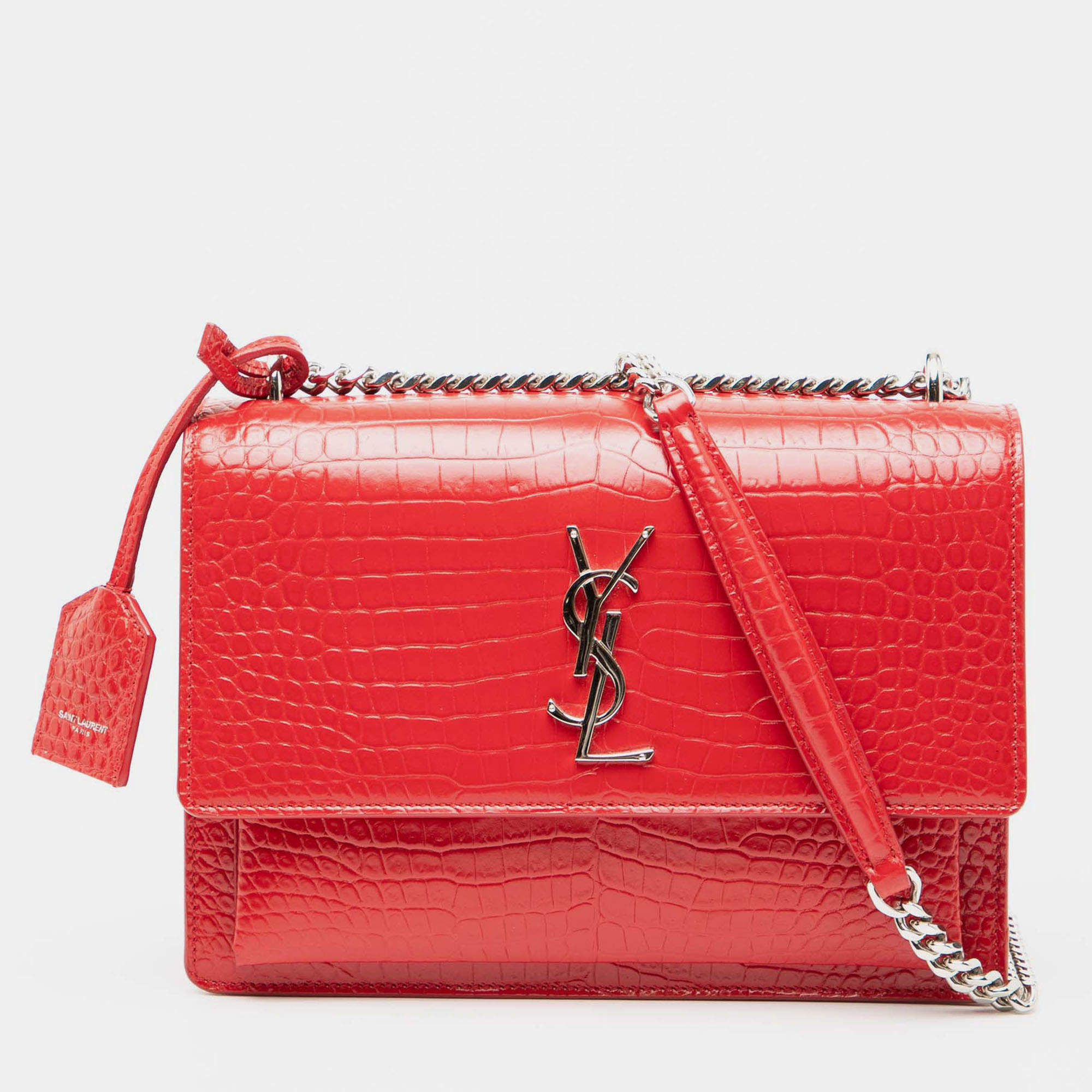 مملوكة مسبقًا Saint Laurent Paris Red Medium Croc Embossed Monogram Sunset Bag