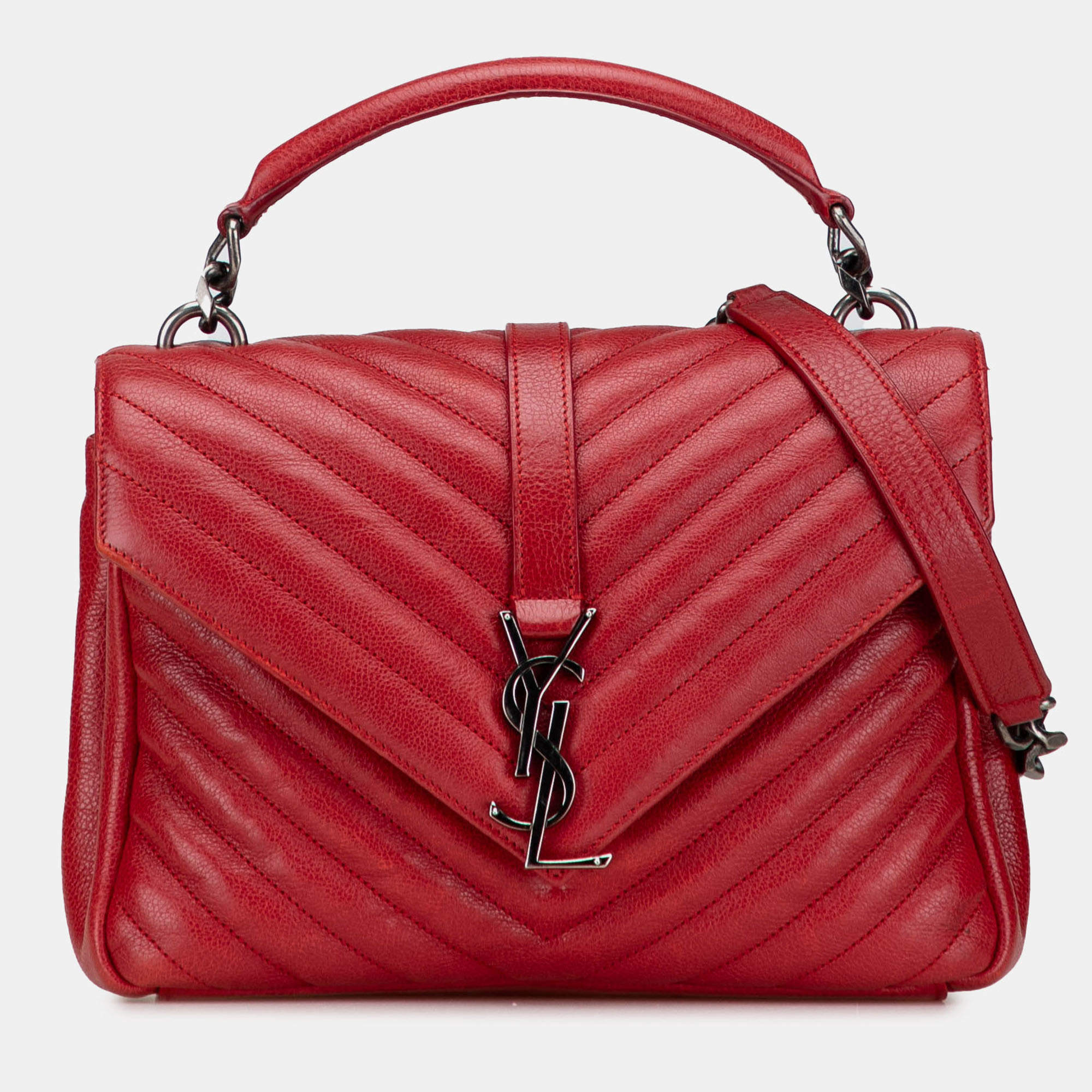 Pre Owned Saint Laurent Paris Red Medium Chevron Sheepskin Monogram College Satchel