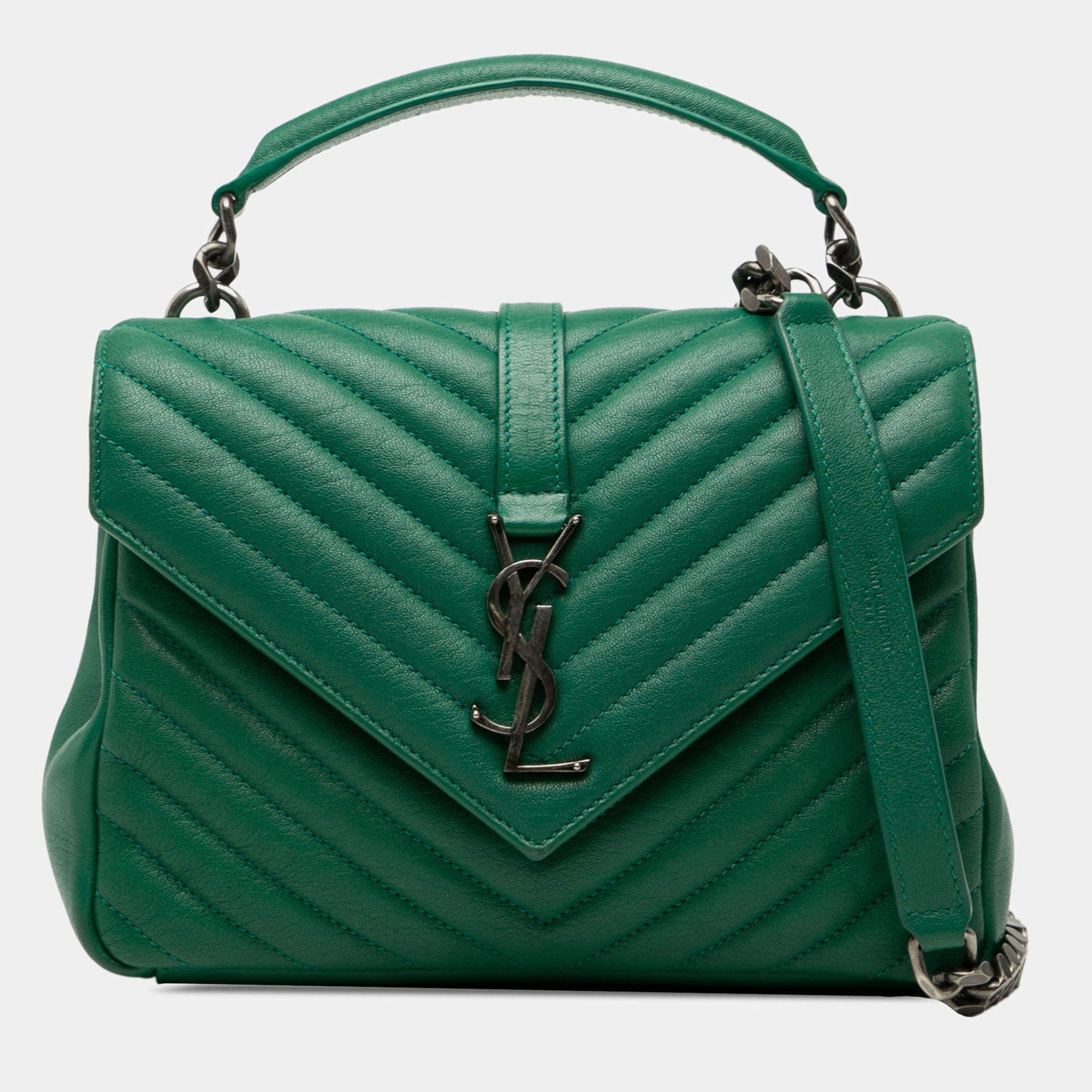 Pre Owned Saint Laurent Paris Green Medium Quilted Chevron Sheepskin College Satchel