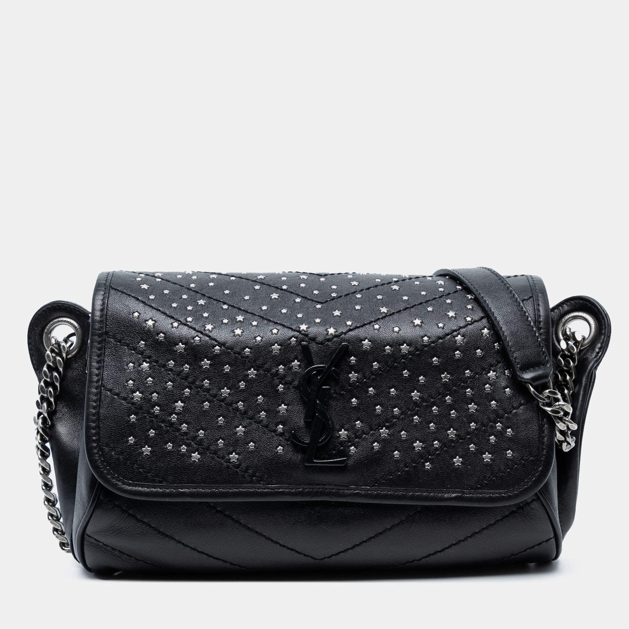 مملوكة مسبقًا Saint Laurent Paris Black Studded Calfskin Stardust Monogram Niki Body Bag