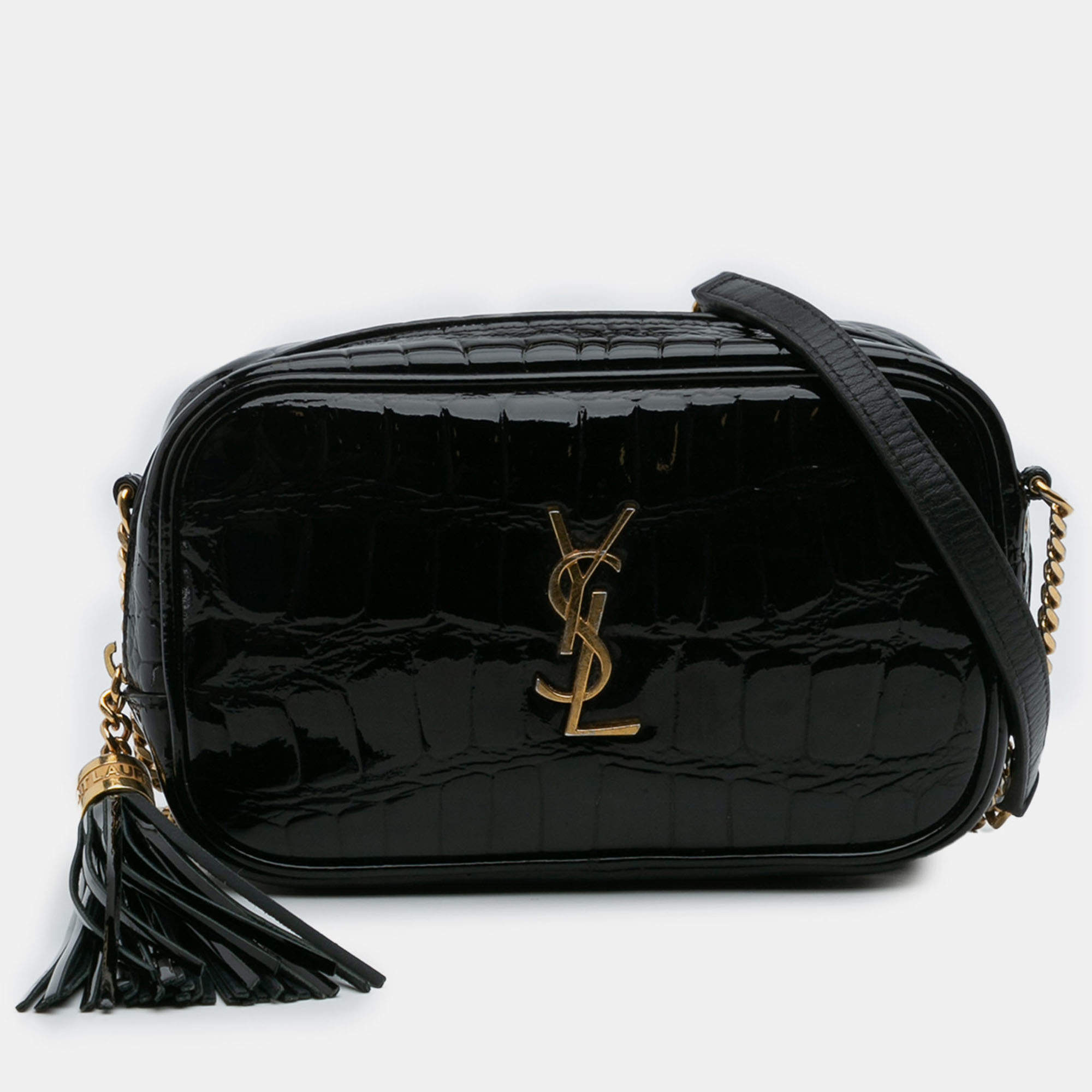 Pre Owned Saint Laurent Paris Black Mini Croc Embossed Patent Monogram Lou Camera Bag