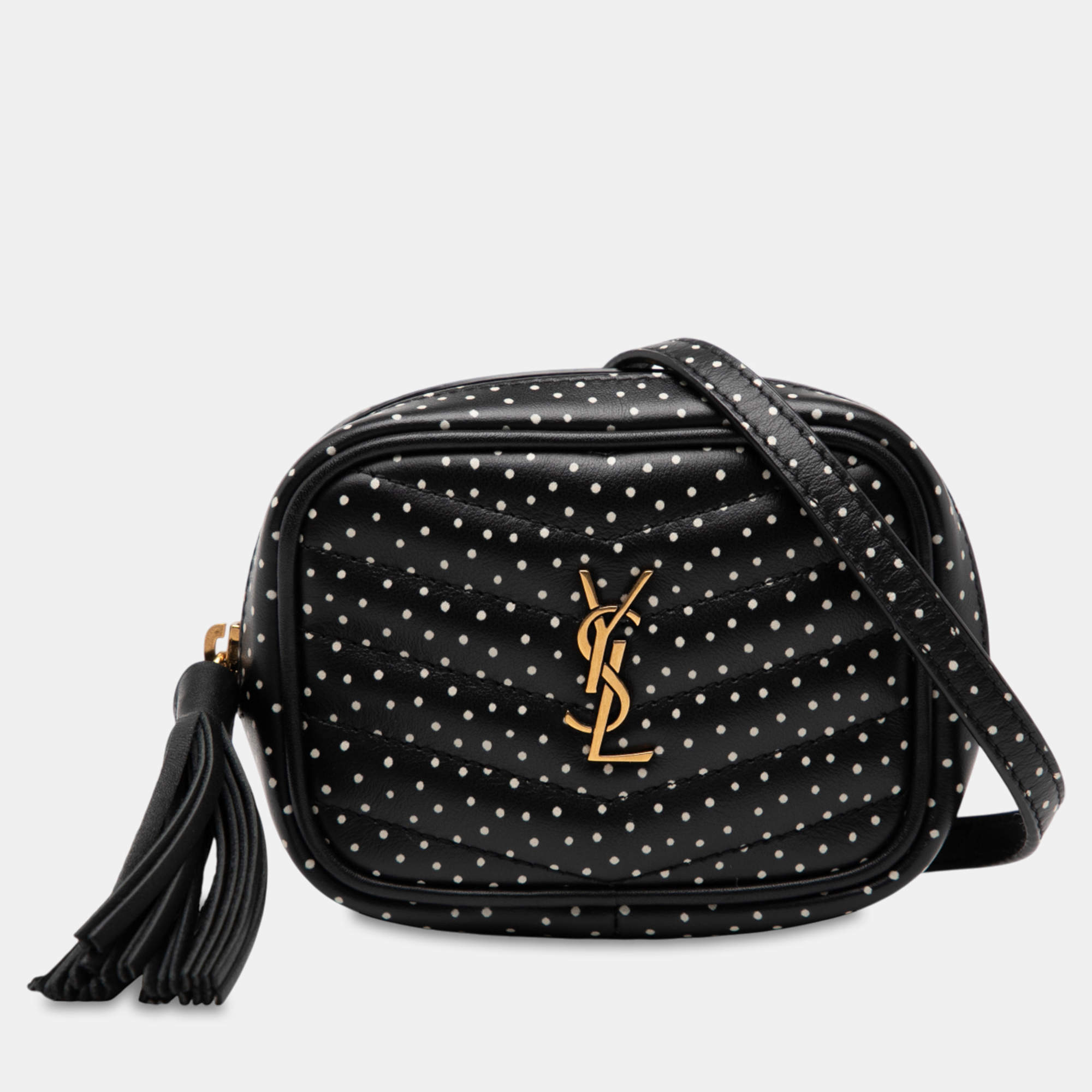 Pre Owned Saint Laurent Paris Black Baby Quilted Chevron Calfskin Monogram Polka Dot Lou Camera Bag
