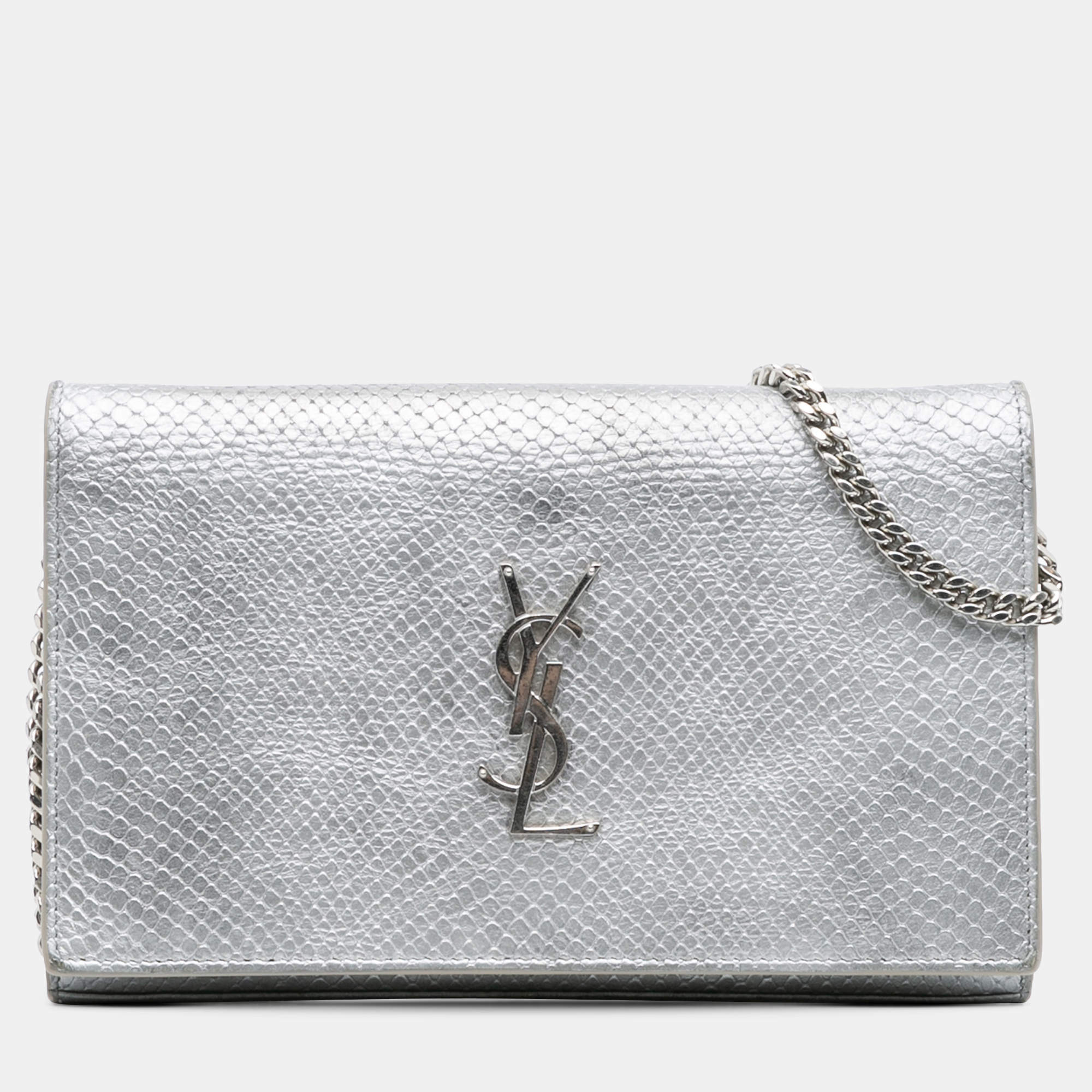 Pre Owned Saint Laurent Paris Silver Metallic Python Embossed Leather Monogram Kate Wallet on Chain