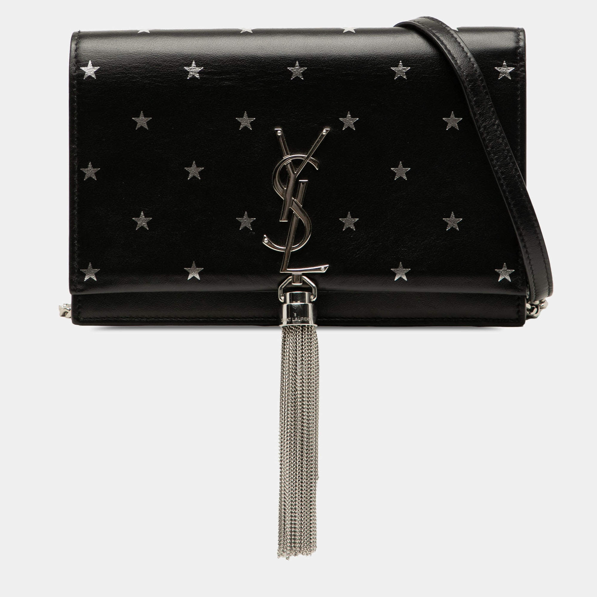 مملوكة مسبقًا Saint Laurent Paris Black Calfskin Star Print Classic Monogram Kate Tassel Wallet on Chain