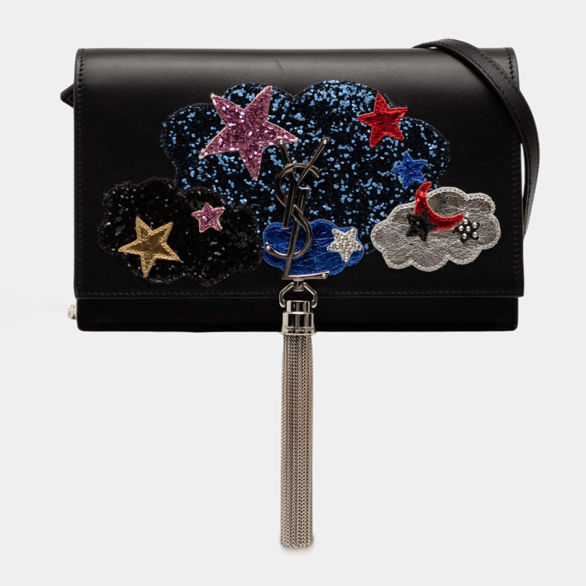 Pre Owned Saint Laurent Paris Black Calfskin Cloud Star Applique Classic Monogram Kate Tassel Wallet on Chain