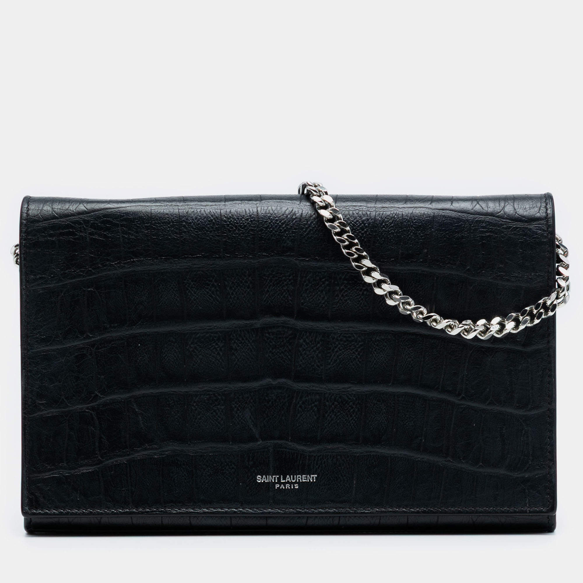 Pre Owned Saint Laurent Paris Black Croc Embossed Leather Wallet On Chain