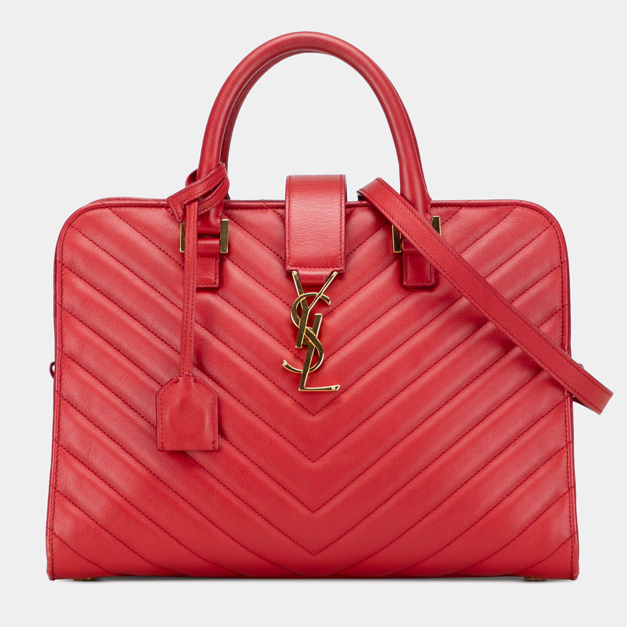 مملوكة مسبقًا Saint Laurent Paris Red Small Chevron Calfskin Monogram Cabas Satchel