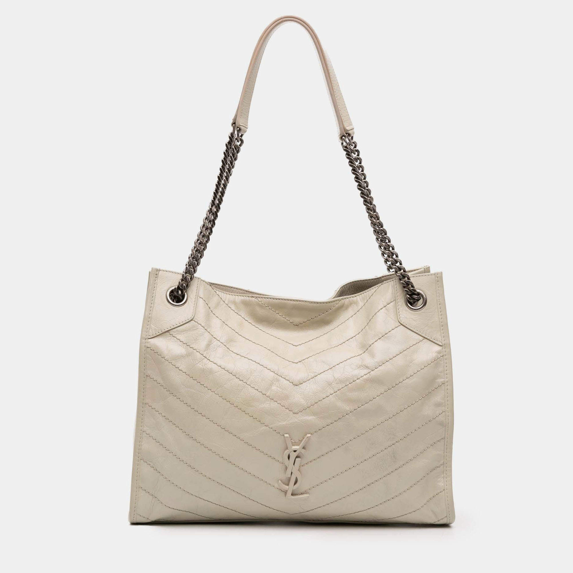 مملوكة مسبقًا Saint Laurent Paris White Medium Crinkled Calfskin Monogram Niki Shopper Tote