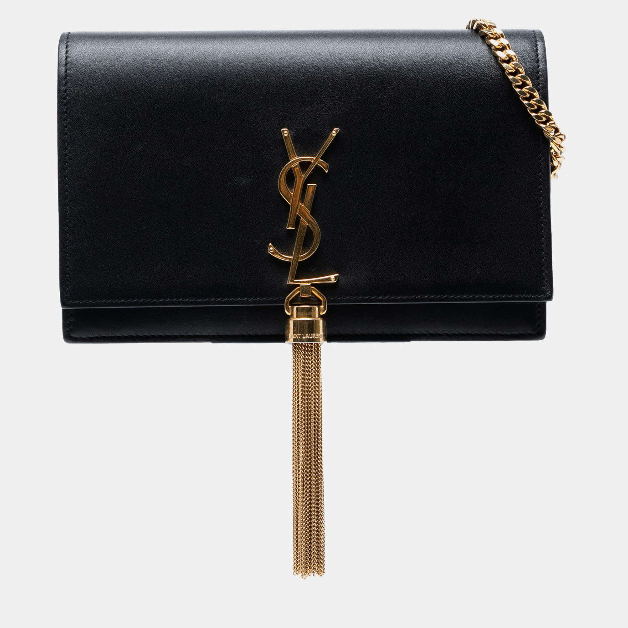 Pre Owned Saint Laurent Paris Black Smooth Calfskin Monogram Kate Tassel Chain Wallet