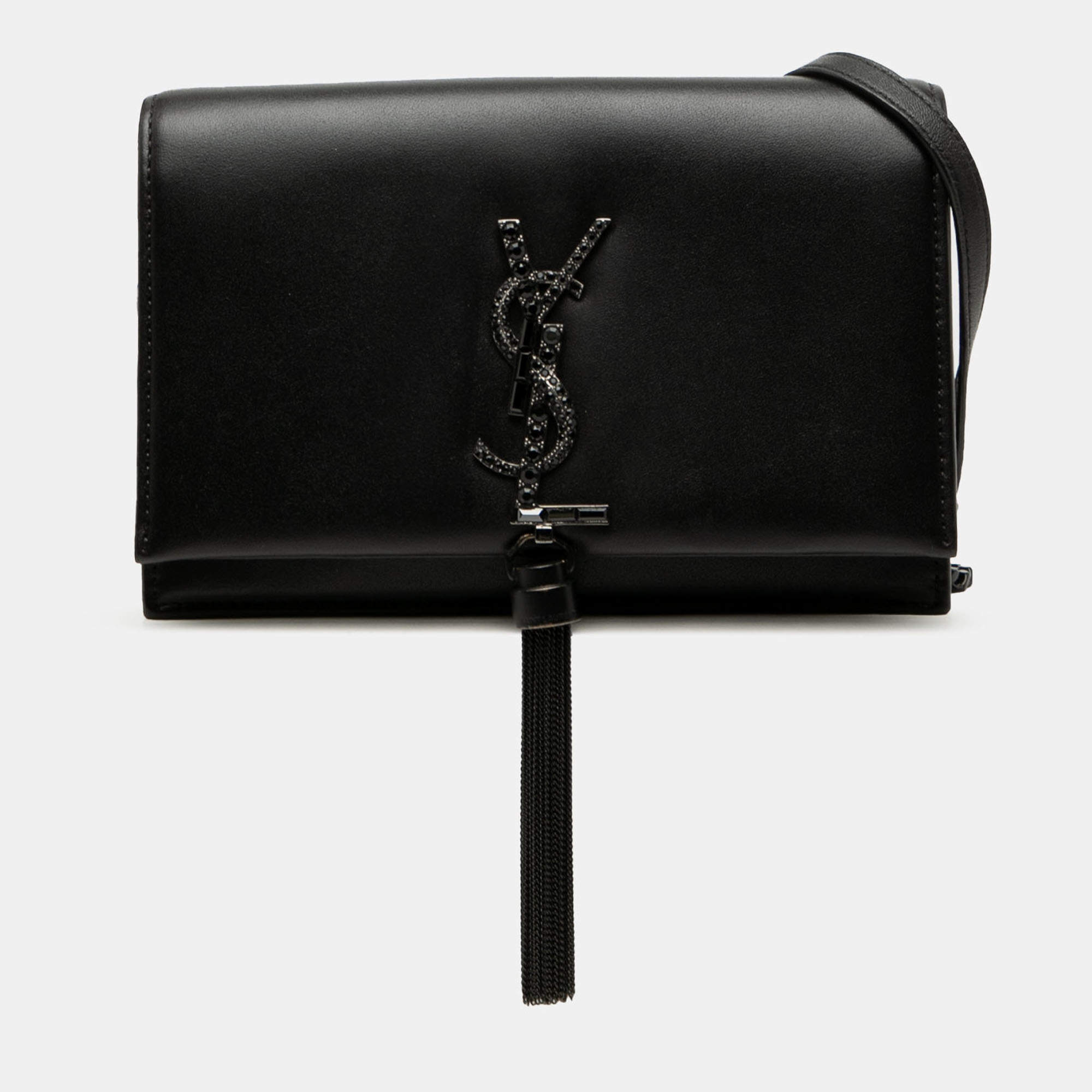 مملوكة مسبقًا Saint Laurent Paris Black Leather Beaded Hardware Monogram Kate Tassel Wallet on Chain