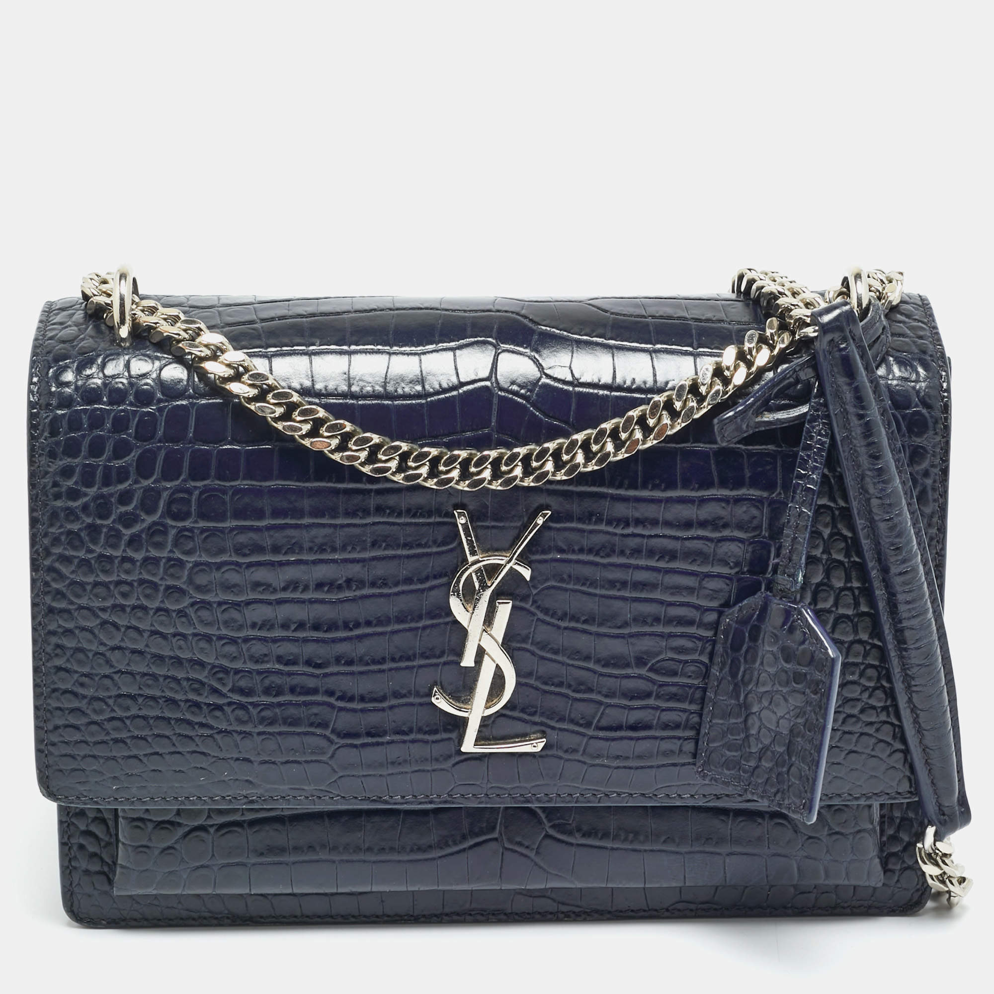مملوكة مسبقًا Saint Laurent Sunset Medium Navy Blue Croc Embossed Leather Shoulder Bag