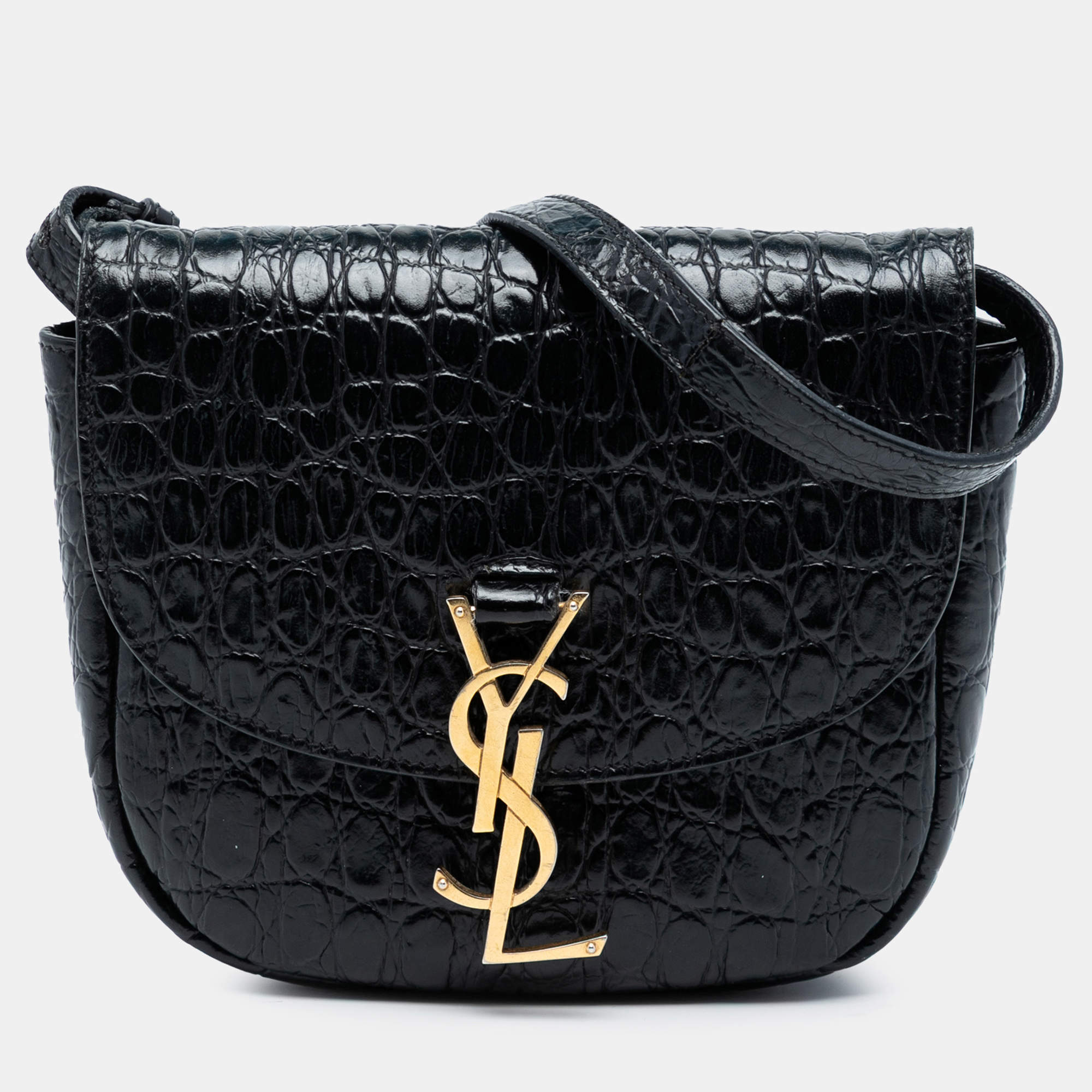 مملوكة مسبقًا حقيبة كروس بودي سان لوران باريس كايا مونوغرام نقش جلد التمساح أسود صغيرة